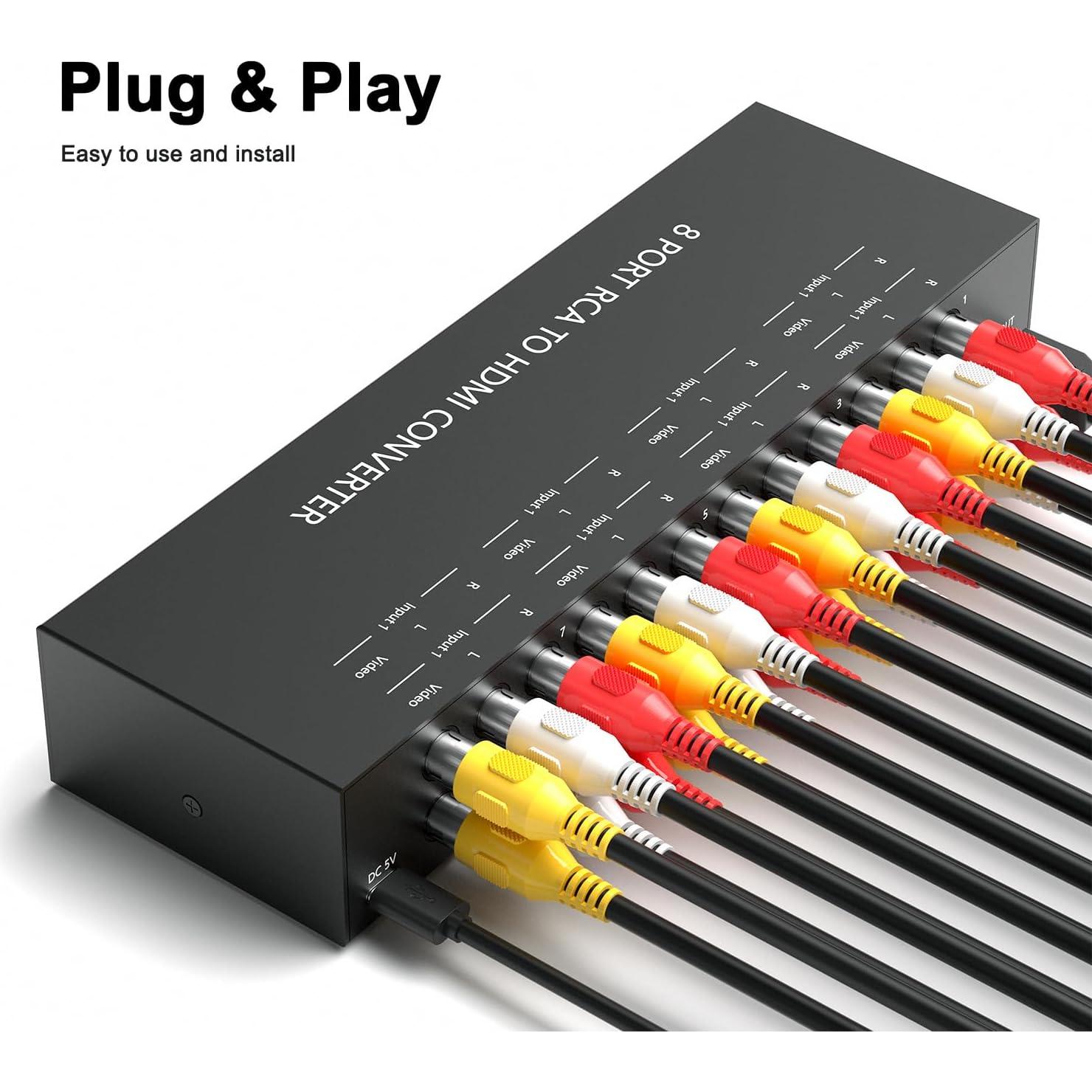 LVY 8 Port RCA to HDMI Converter - 8 AV Inputs, 1 HDMI Output - 720/1080P Support, Compatible with WII, N64, PS2, PS3, VHS, VCR, DVD Players