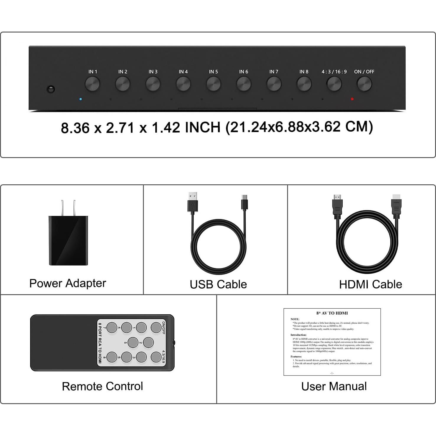 LVY 8 Port RCA to HDMI Converter - 8 AV Inputs, 1 HDMI Output - 720/1080P Support, Compatible with WII, N64, PS2, PS3, VHS, VCR, DVD Players