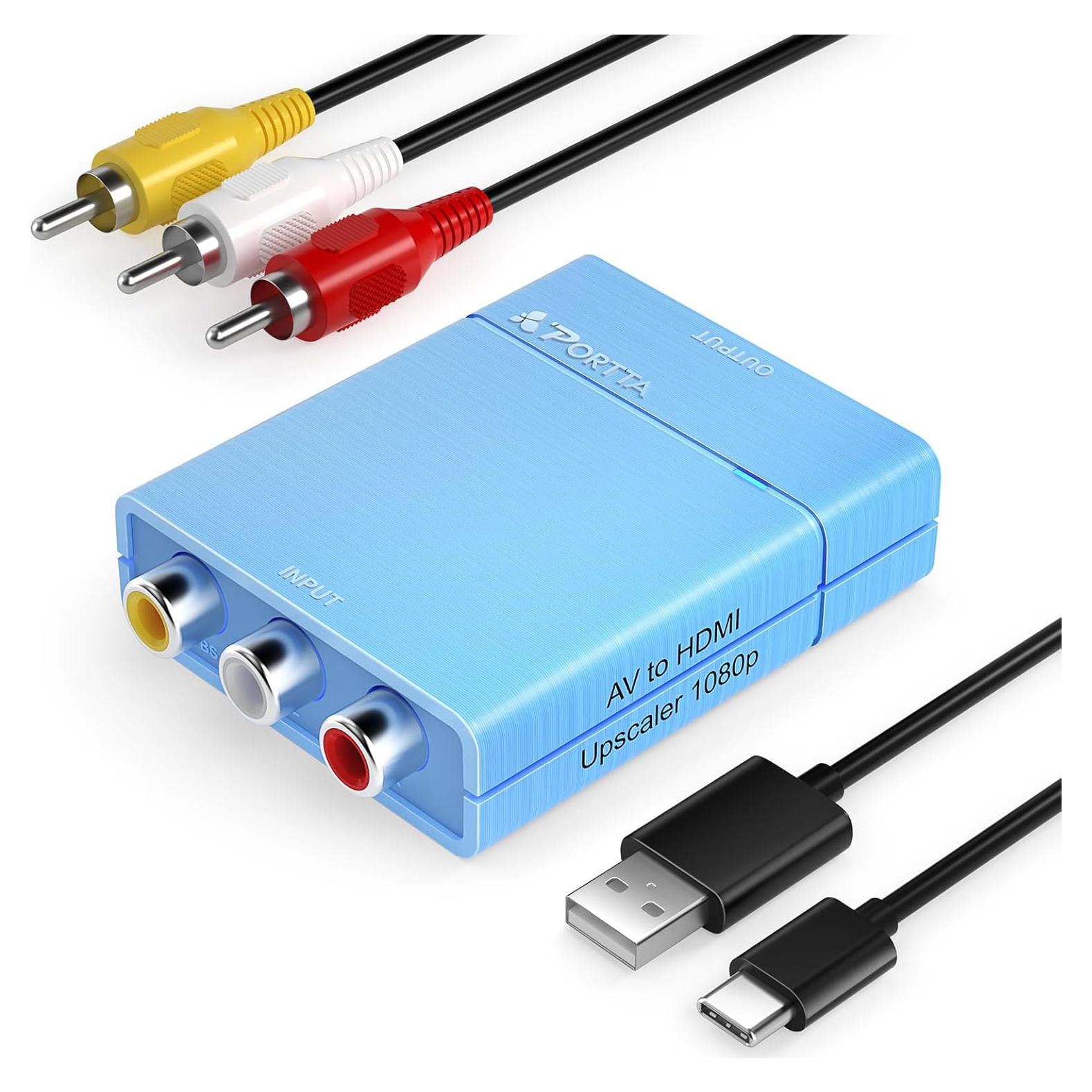 Portta RCA to HDMI Converter, AV to HDMI 1080P, Mini Composite CVBS to Digital Adapter, Support PAL/NTSC, Compatible with VHS, VCR, PS3, N64, Wii, STB, Xbox, Blue-Ray DVD Players, Blue