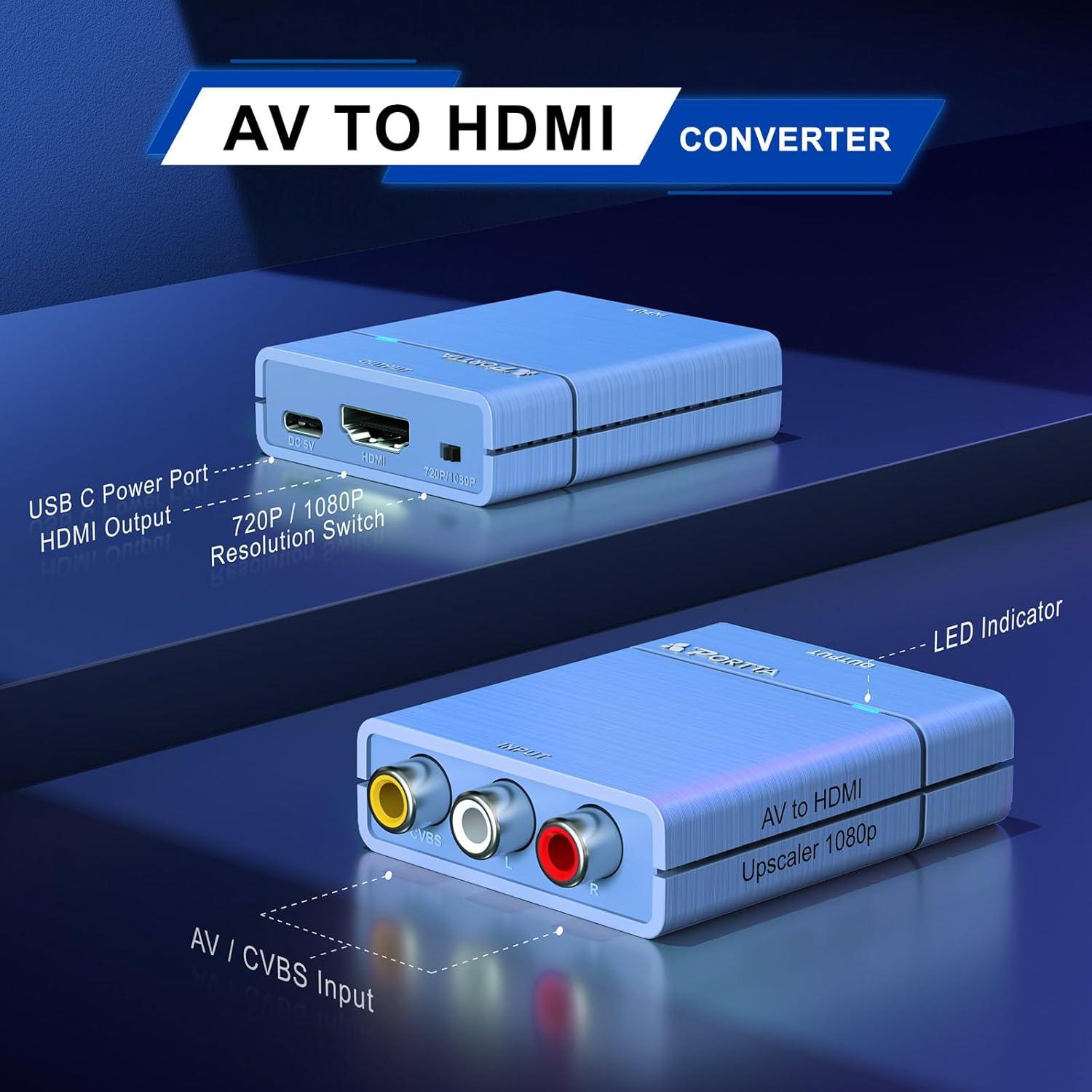 Portta RCA to HDMI Converter, AV to HDMI 1080P, Mini Composite CVBS to Digital Adapter, Support PAL/NTSC, Compatible with VHS, VCR, PS3, N64, Wii, STB, Xbox, Blue-Ray DVD Players, Blue