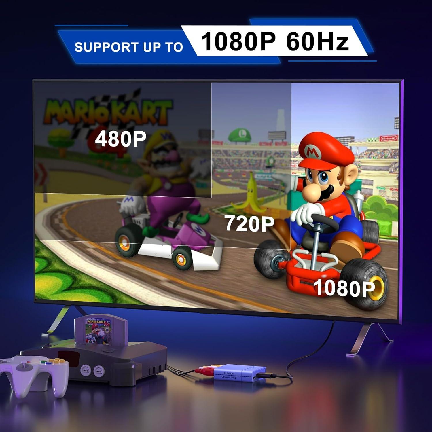 Portta RCA to HDMI Converter, AV to HDMI 1080P, Mini Composite CVBS to Digital Adapter, Support PAL/NTSC, Compatible with VHS, VCR, PS3, N64, Wii, STB, Xbox, Blue-Ray DVD Players, Blue