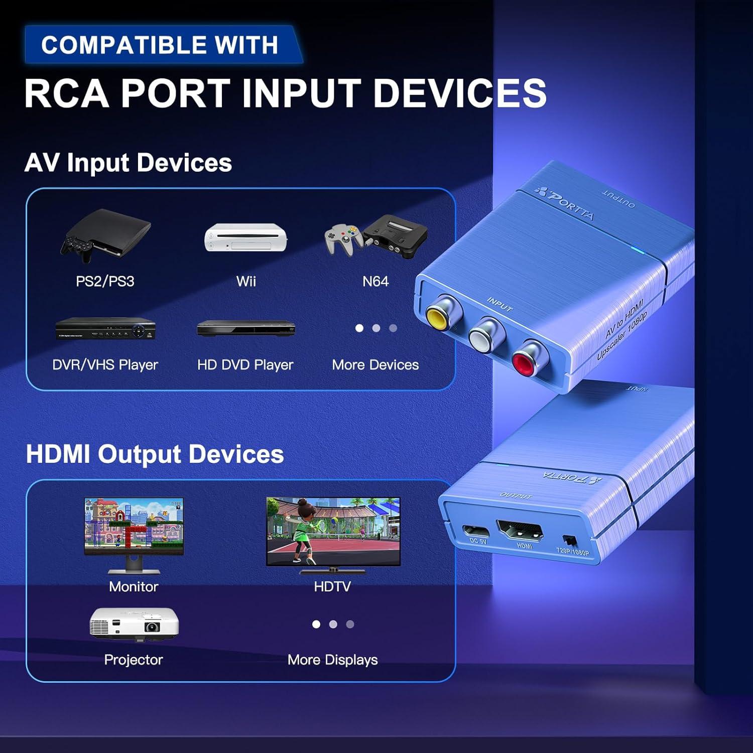 Portta RCA to HDMI Converter, AV to HDMI 1080P, Mini Composite CVBS to Digital Adapter, Support PAL/NTSC, Compatible with VHS, VCR, PS3, N64, Wii, STB, Xbox, Blue-Ray DVD Players, Blue