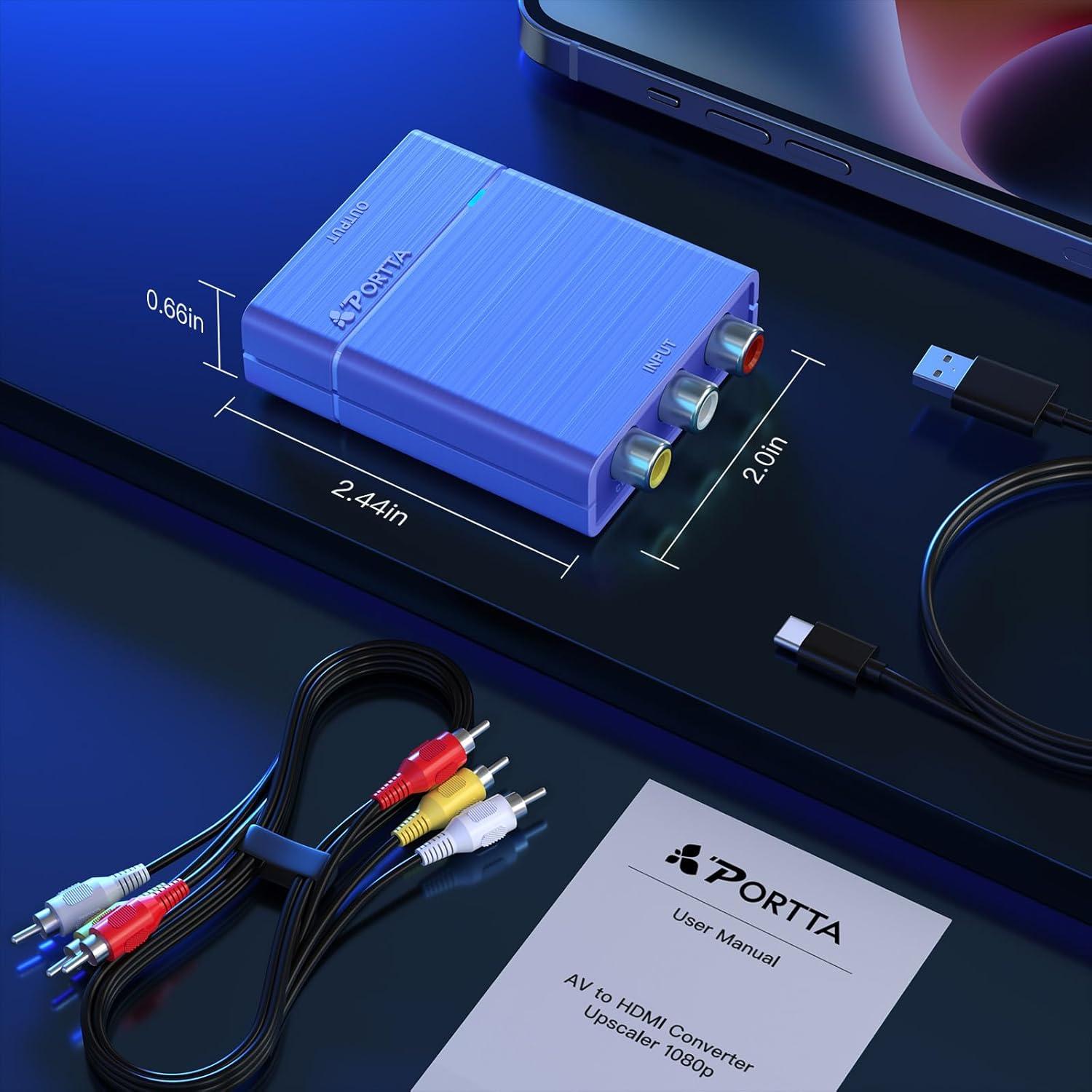 Portta RCA to HDMI Converter, AV to HDMI 1080P, Mini Composite CVBS to Digital Adapter, Support PAL/NTSC, Compatible with VHS, VCR, PS3, N64, Wii, STB, Xbox, Blue-Ray DVD Players, Blue