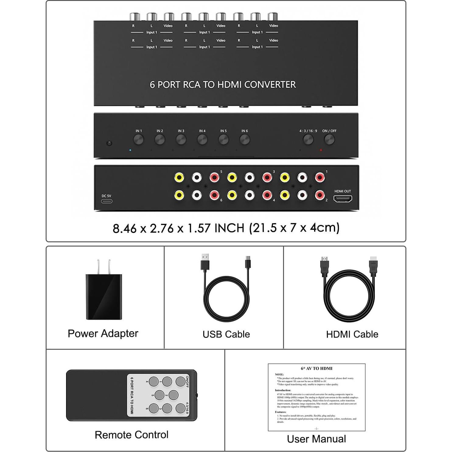 Convertidor 6 Puertos RCA a HDMI OseTub 1080P Plug&Play