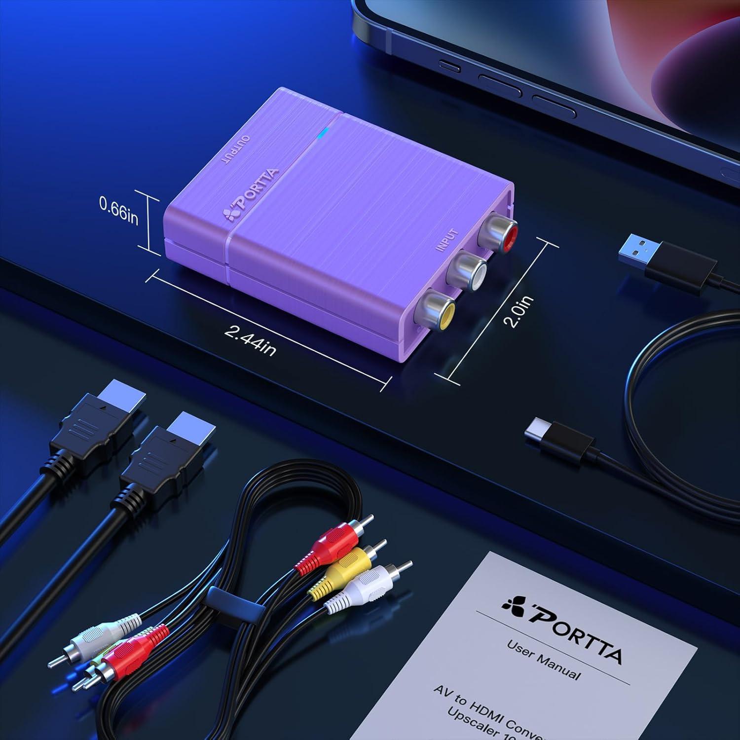 Convertidor RCA a HDMI Portta 1080P, Adaptador AV a Digital