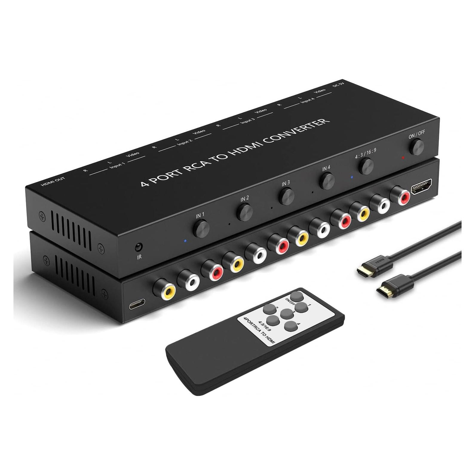 4 AV to HDMI, 1080P/720P 4 Way RCA Composite CVBS AV Switch to HDMI Converter Adapter Support 4:3/16:9 Switching, for Sega Xbox PS1 PS2 PS3 N64 NGC SNES WII VHS VCR Camera DVD （with Remote）