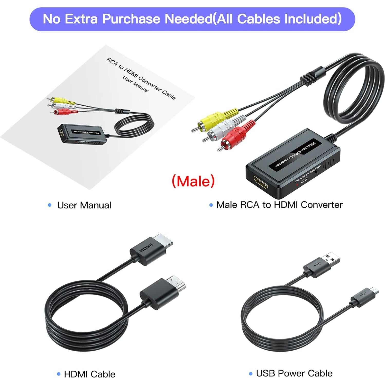 Convertidor RCA macho a HDMI Bcrokory con cable HDMI 1080P