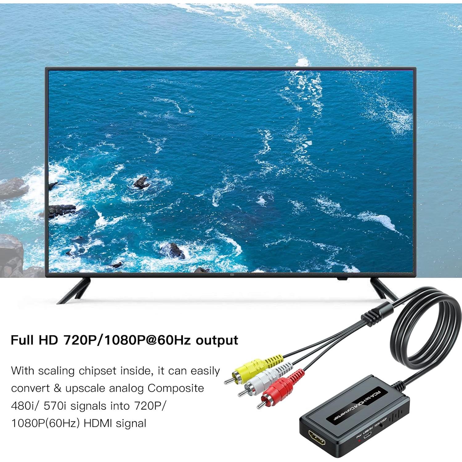 Convertidor RCA macho a HDMI Bcrokory con cable HDMI 1080P