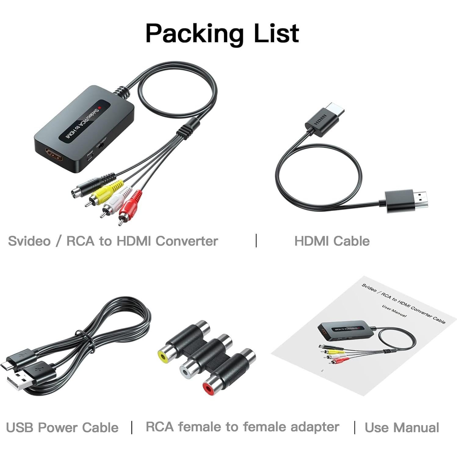 Convertidor RCA S-Video a HDMI Sedytetoc 720P/1080P con cables