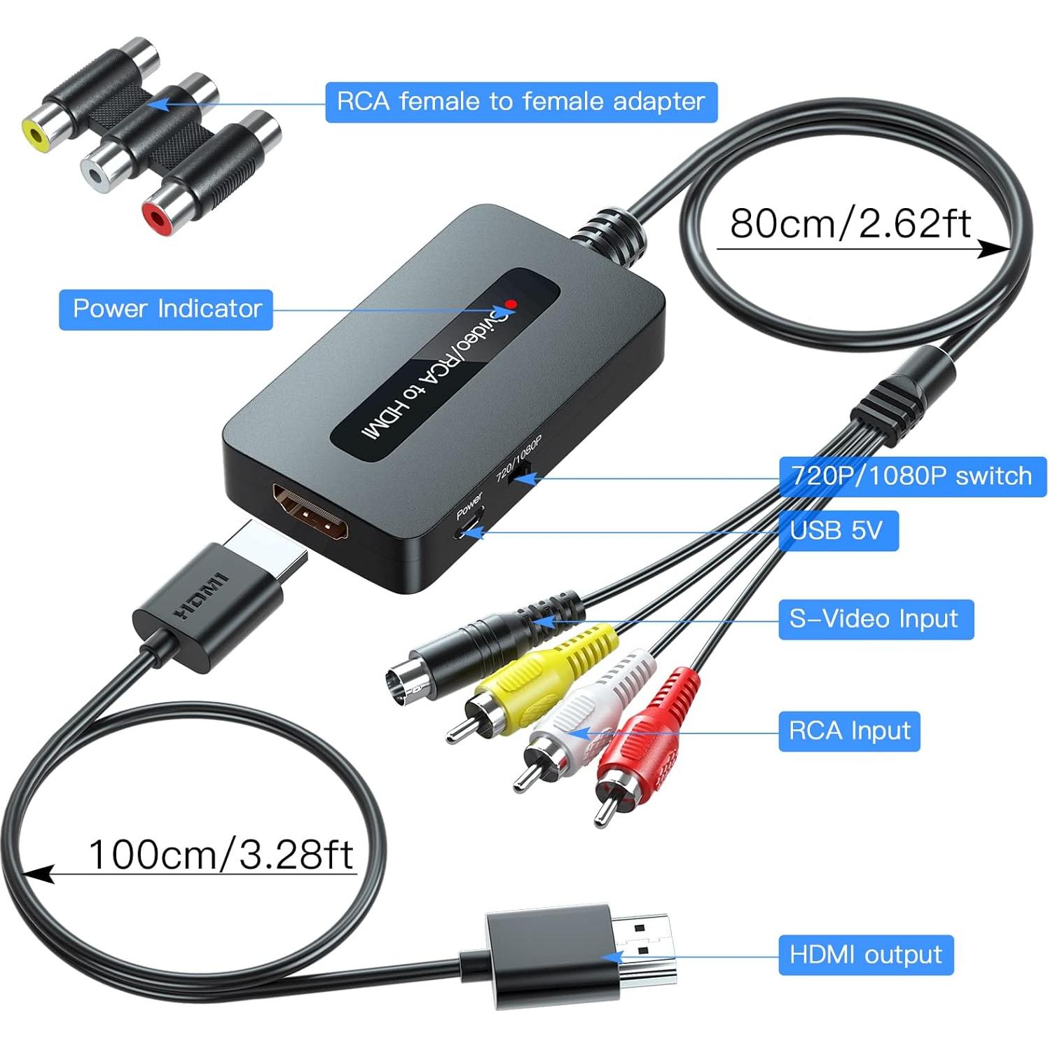 Convertidor RCA S-Video a HDMI Sedytetoc 720P/1080P con cables