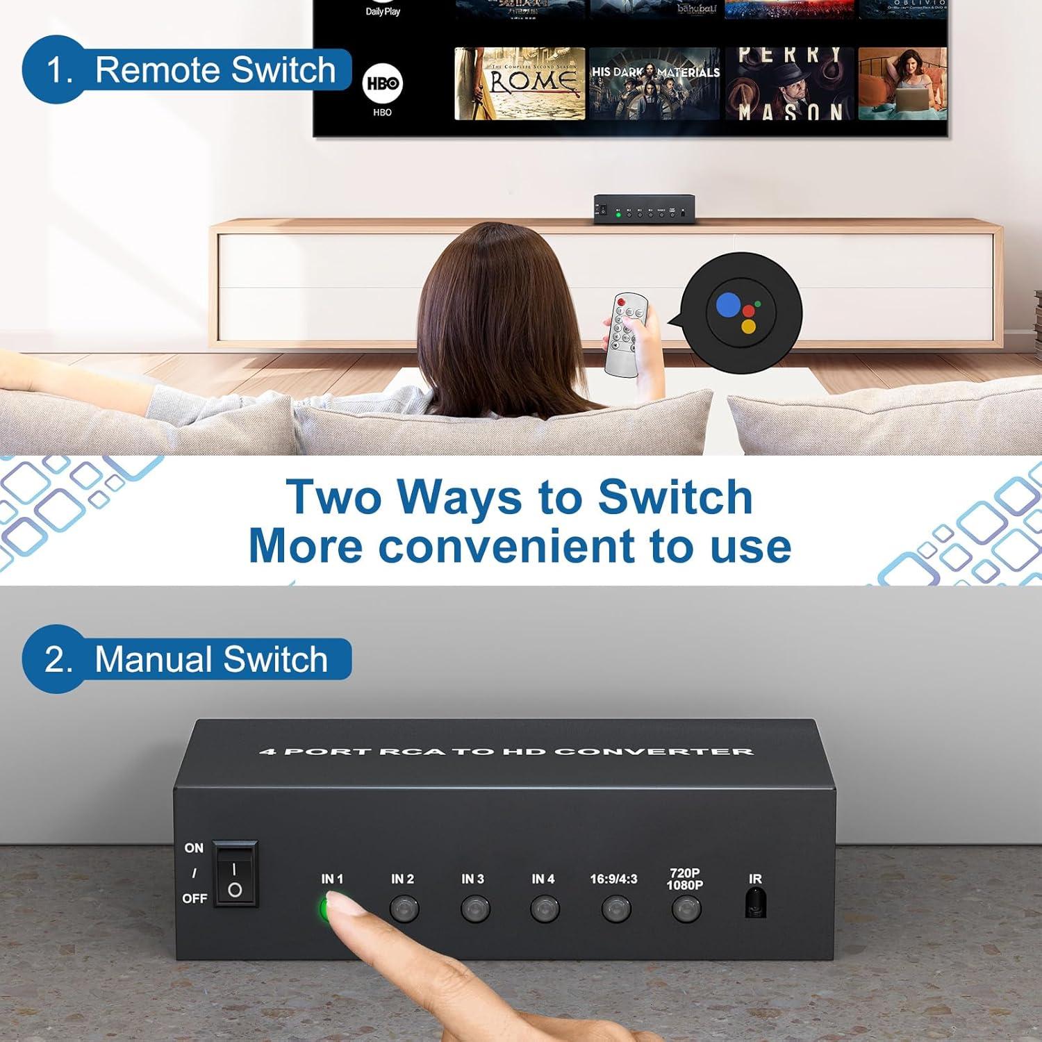 Convertidor RCA a HDMI Tioleje 4 Puertos 720P/1080P