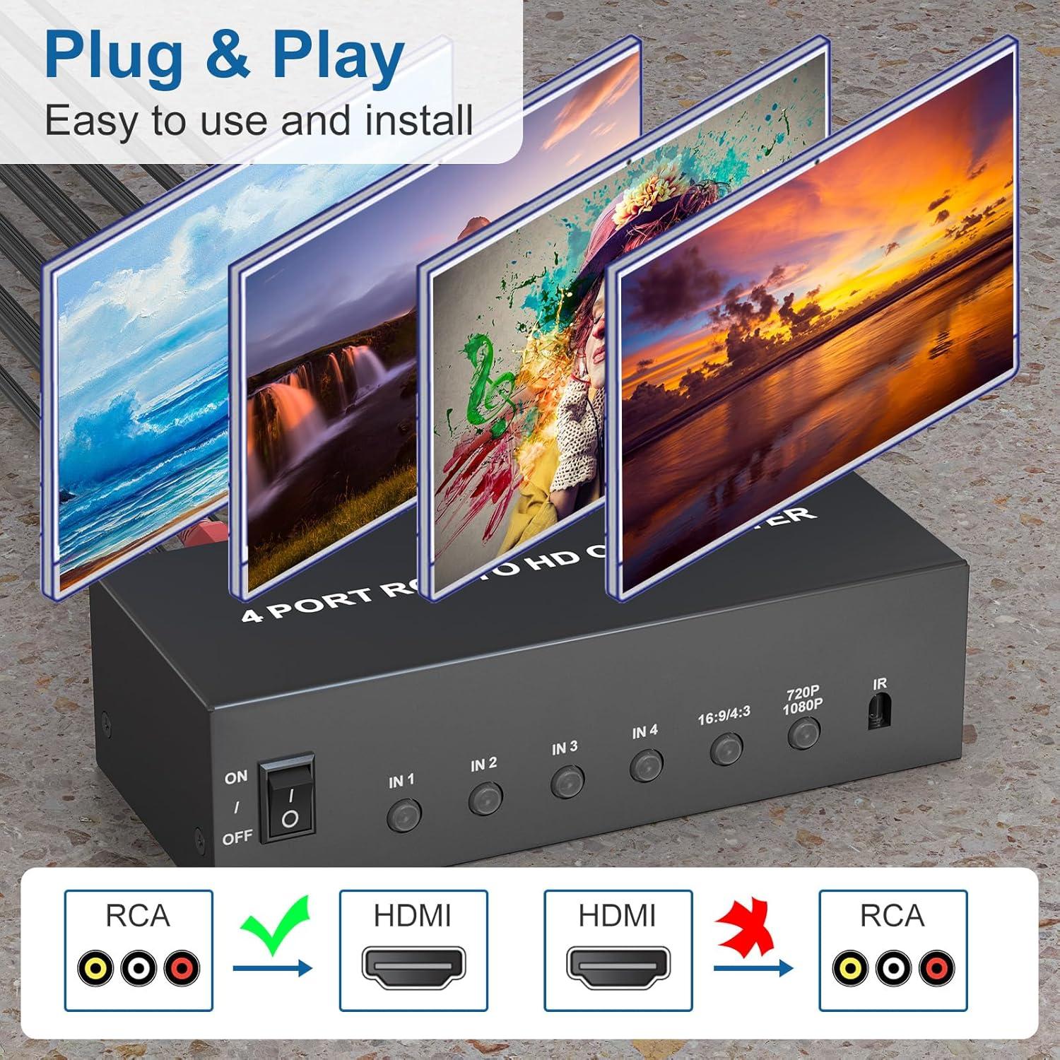 Convertidor RCA a HDMI Tioleje 4 Puertos 720P/1080P