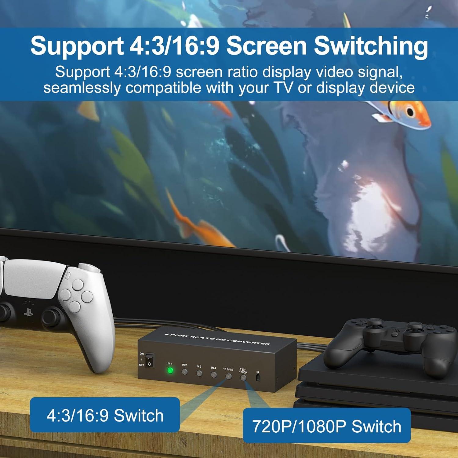 Convertidor RCA a HDMI Tioleje 4 Puertos 720P/1080P