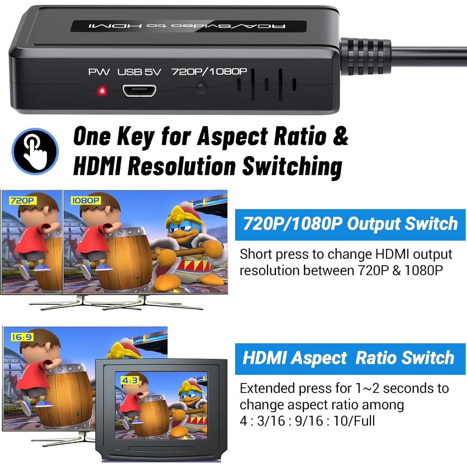 Convertidor RCA S-Video a HDMI Bcrokory 720P/1080P