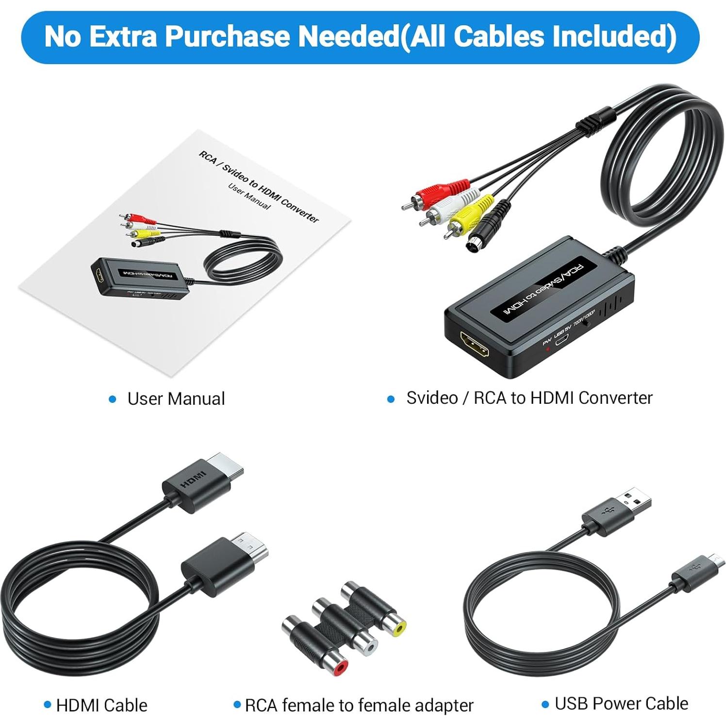 Convertidor RCA S-Video a HDMI Bcrokory 720P/1080P