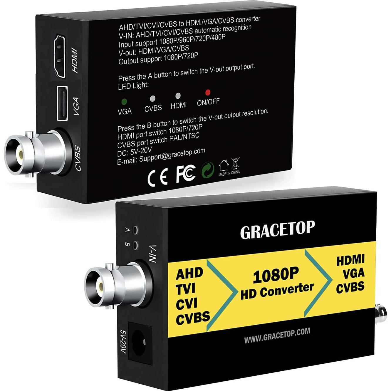 Convertidor BNC a HDMI GRACETOP 1080P CVBS AHD TVI