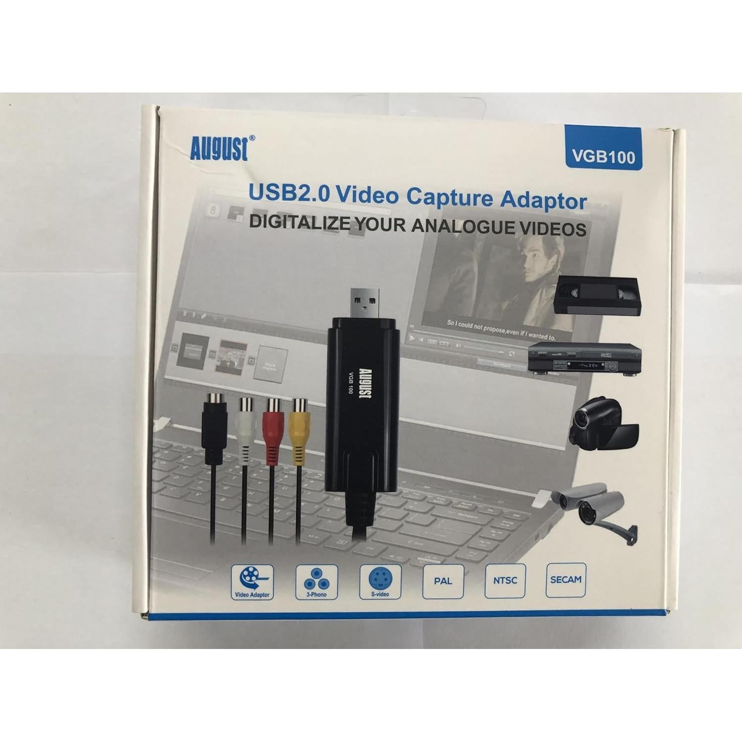 Dispositivo de Captura de Video USB 2.0 August VGB100 - Convierte VHS a PC
