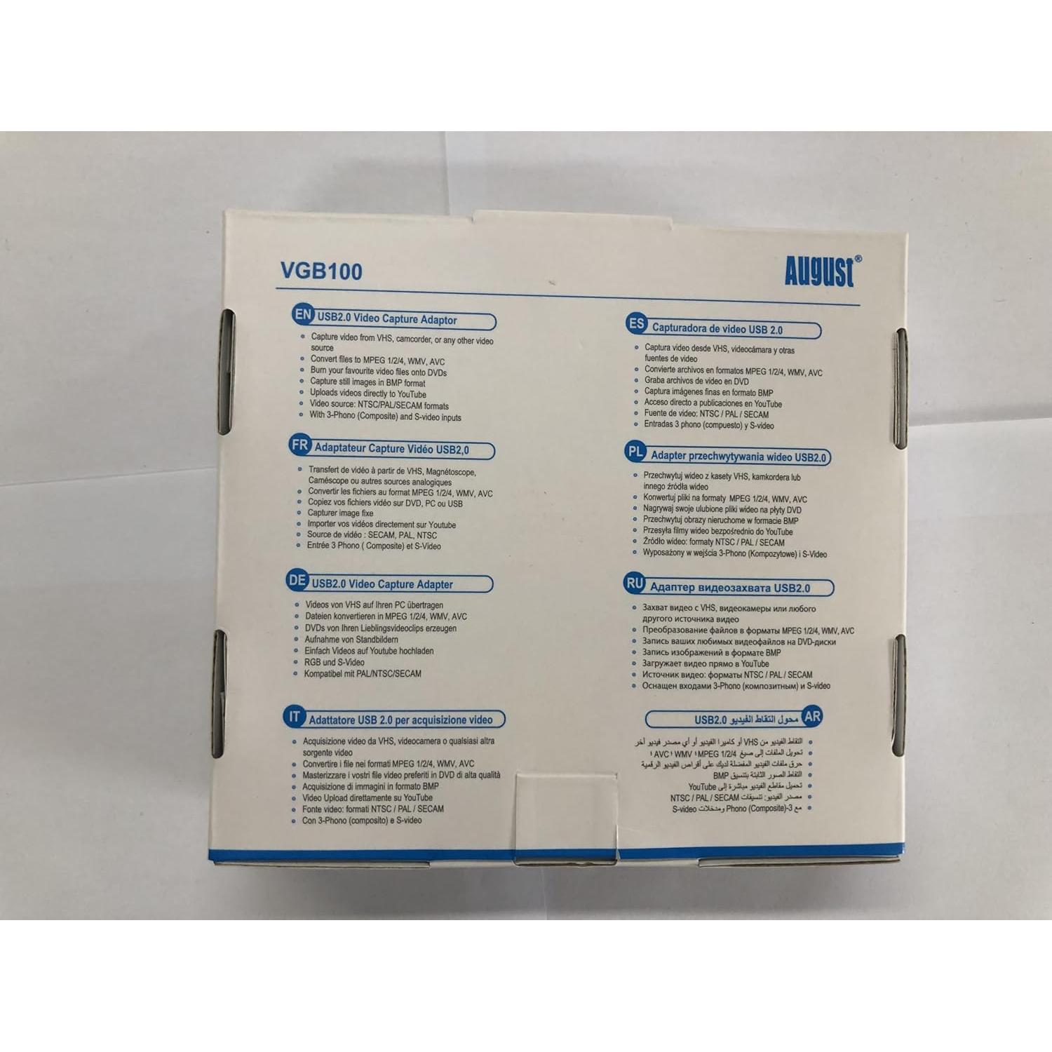 Dispositivo de Captura de Video USB 2.0 August VGB100 - Convierte VHS a PC