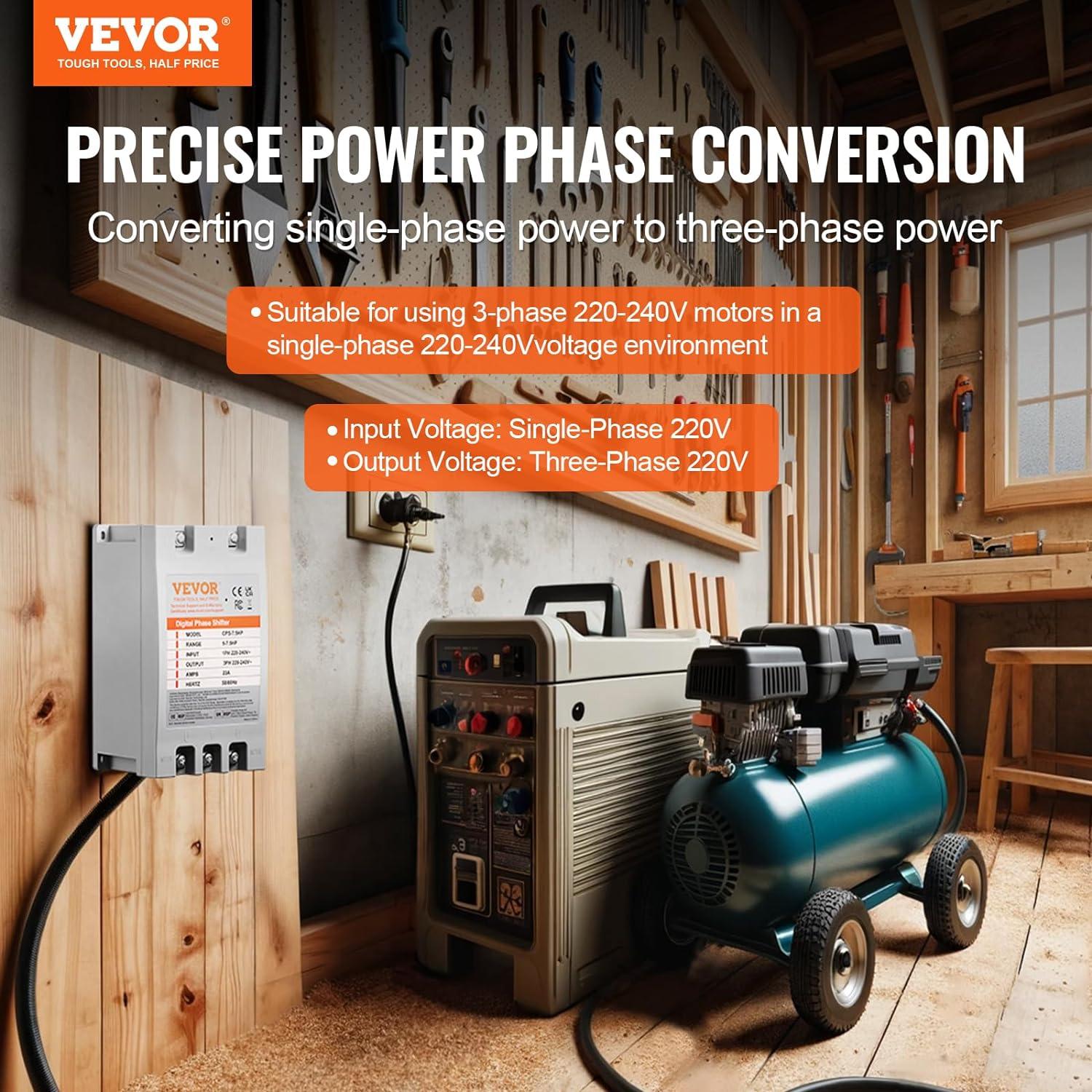 Convertidor de Fase Digital VEVOR 7.5HP 23A 220V Monofásico a Trifásico