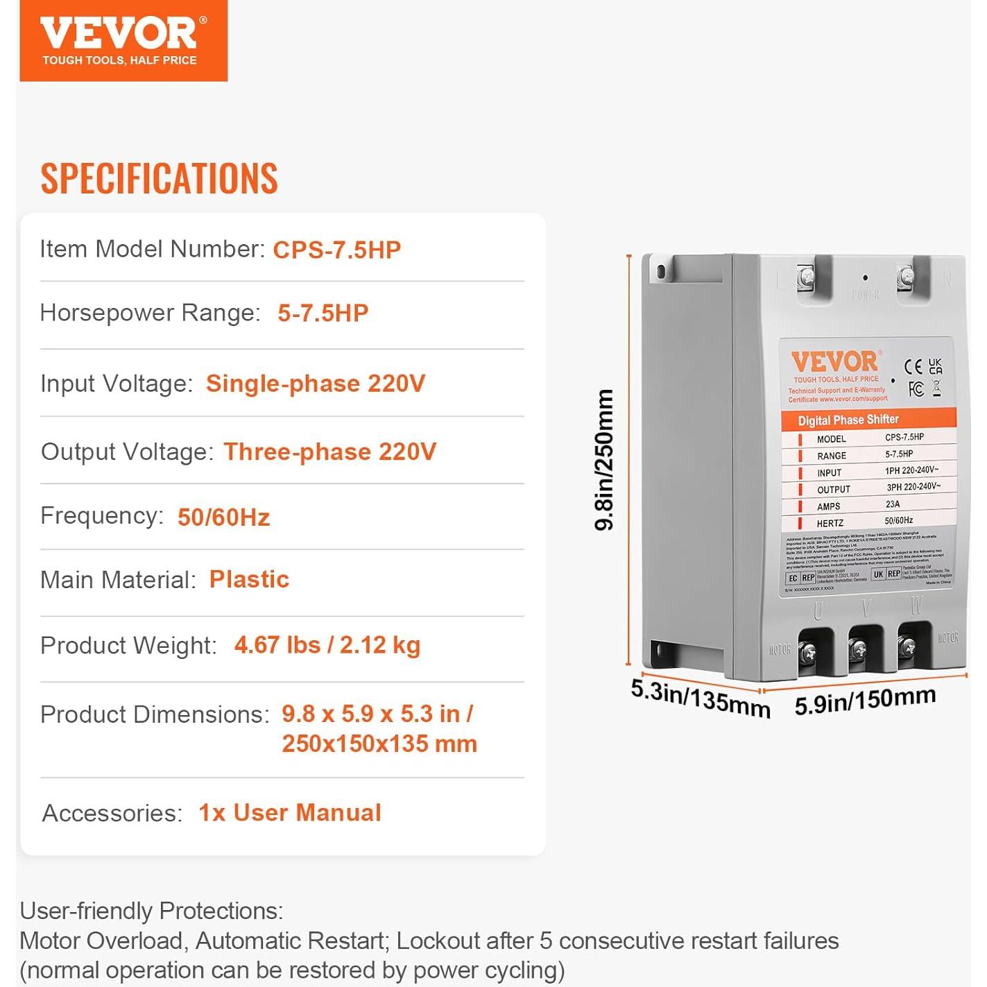 Convertidor de Fase Digital VEVOR 7.5HP 23A 220V Monofásico a Trifásico