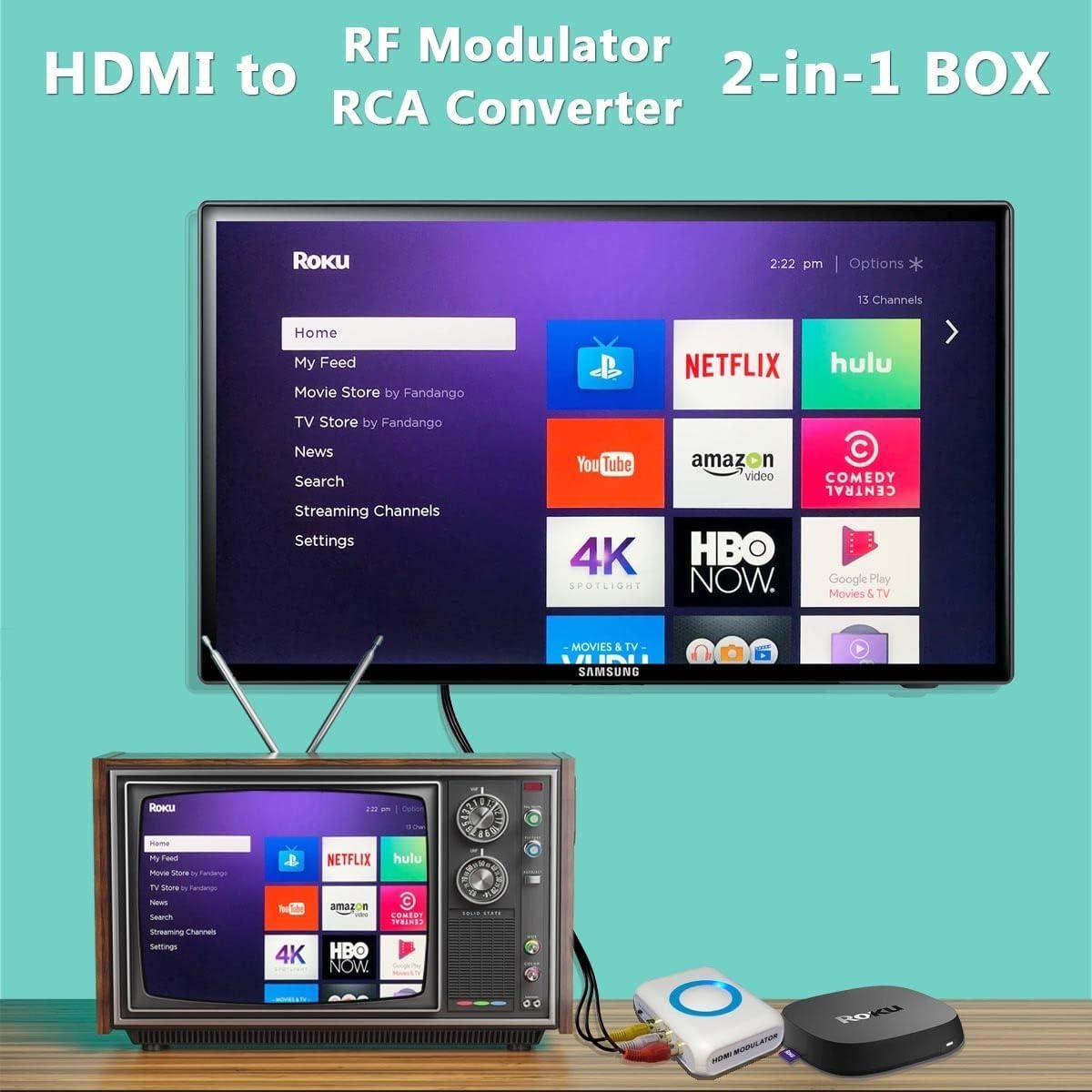 HDMI to Coaxial RF Modulator VHF Converter HDMI to RCA Adapter w/Female F Type Connector for Roku Fire Stick DVR PS4 NS Xbox Gaming Laptop Set-top Cable Box HD Digital Video to AV Analog Coax NTSC TV