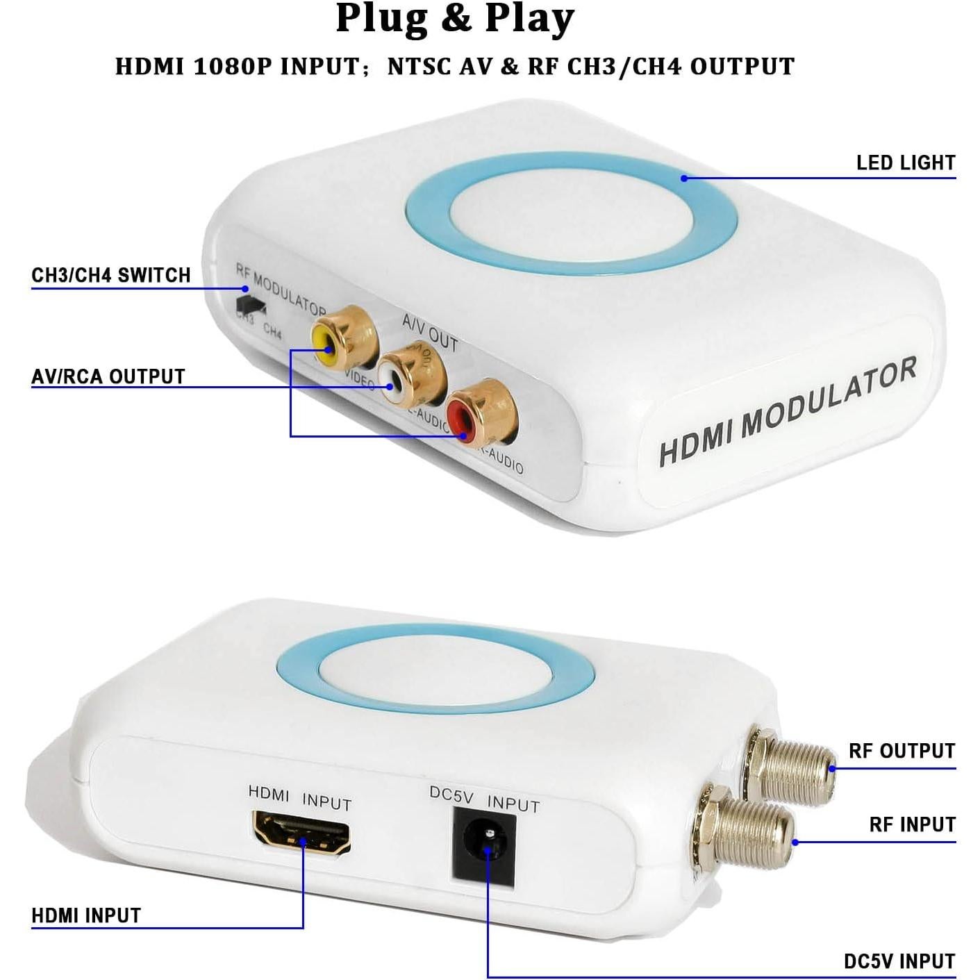 HDMI to Coaxial RF Modulator VHF Converter HDMI to RCA Adapter w/Female F Type Connector for Roku Fire Stick DVR PS4 NS Xbox Gaming Laptop Set-top Cable Box HD Digital Video to AV Analog Coax NTSC TV