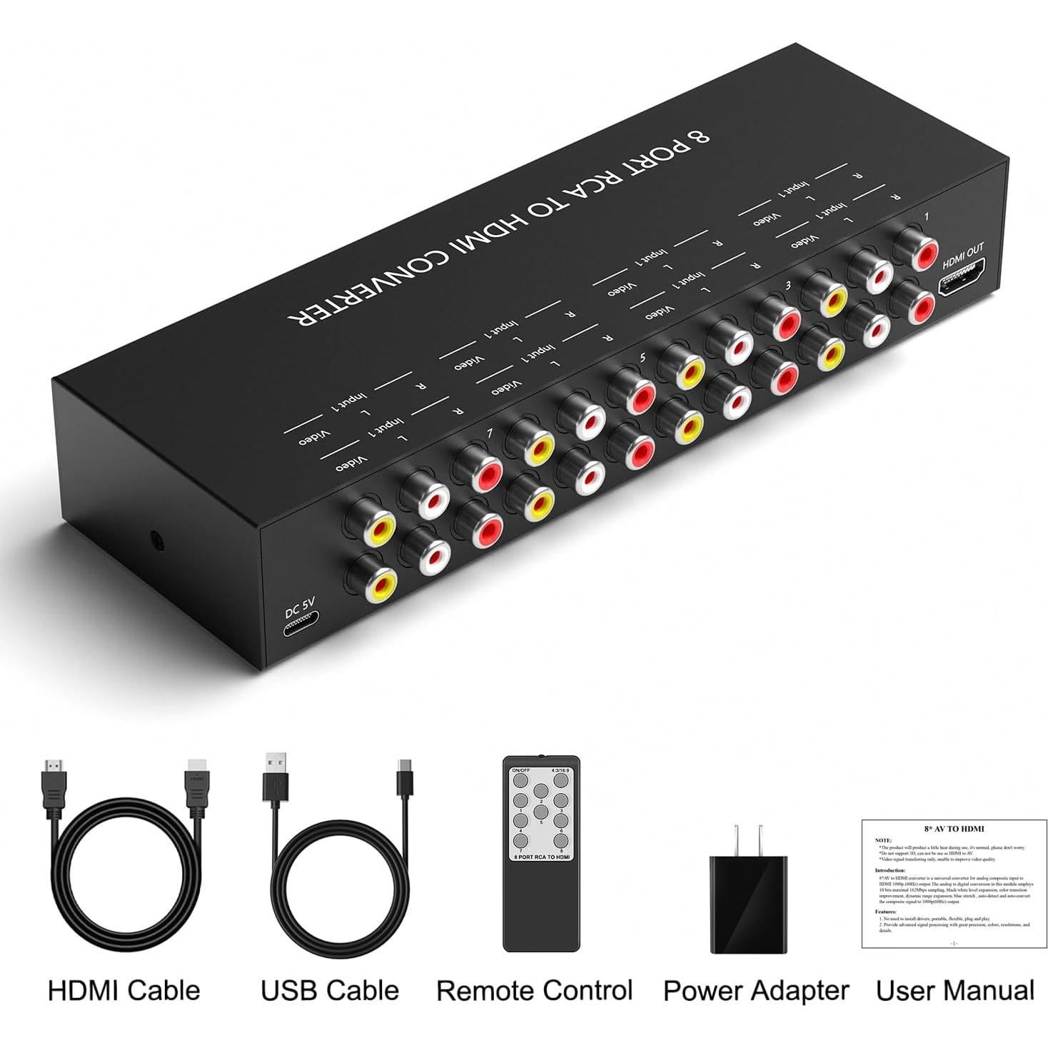 Convertidor RCA a HDMI 8 Puertos Dingsun 720P/1080P