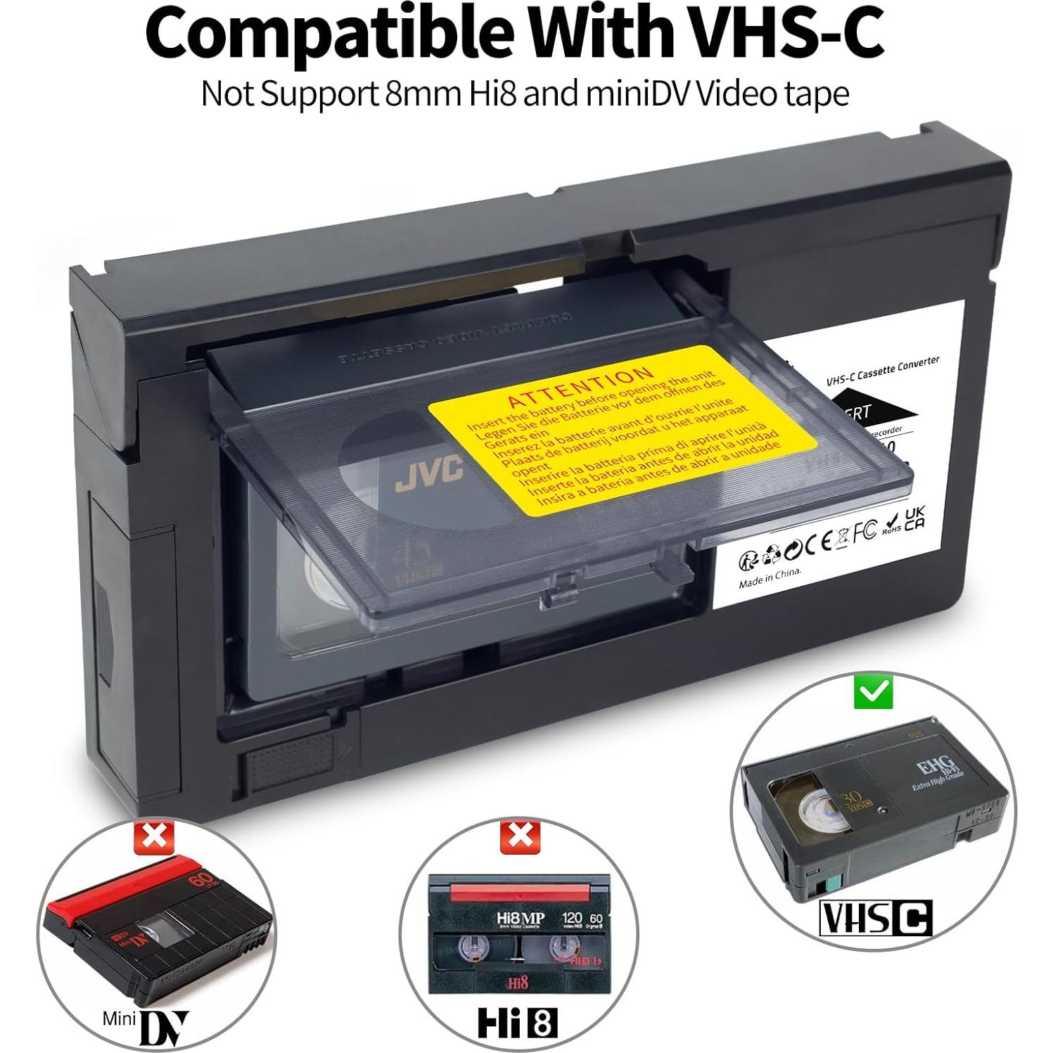 VHS-C Cassette Adapter Compatible with VHS-C SVHS Camcorders JVC RCA Panasonic Motorized VHS Cassette Converter （NOT Compatible with 8mm / MiniDV / Hi8）