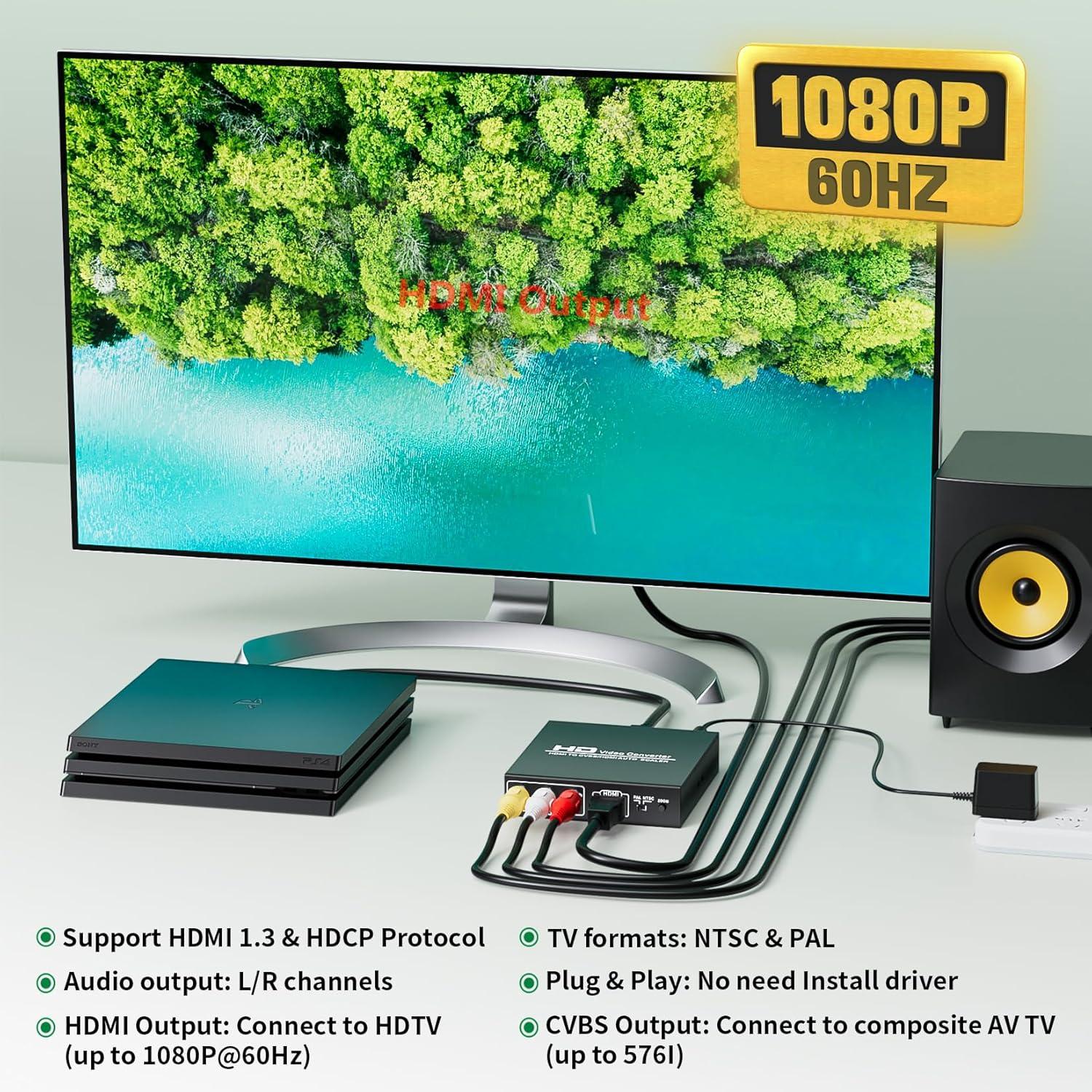 Adapter Converter Fits for HDMI to RCA & AV 3RCA CVBS Composite Video Audio, Support PAL/NTSC, Compatible with PC, Laptop, Xbox, TV, Camera, Monitor