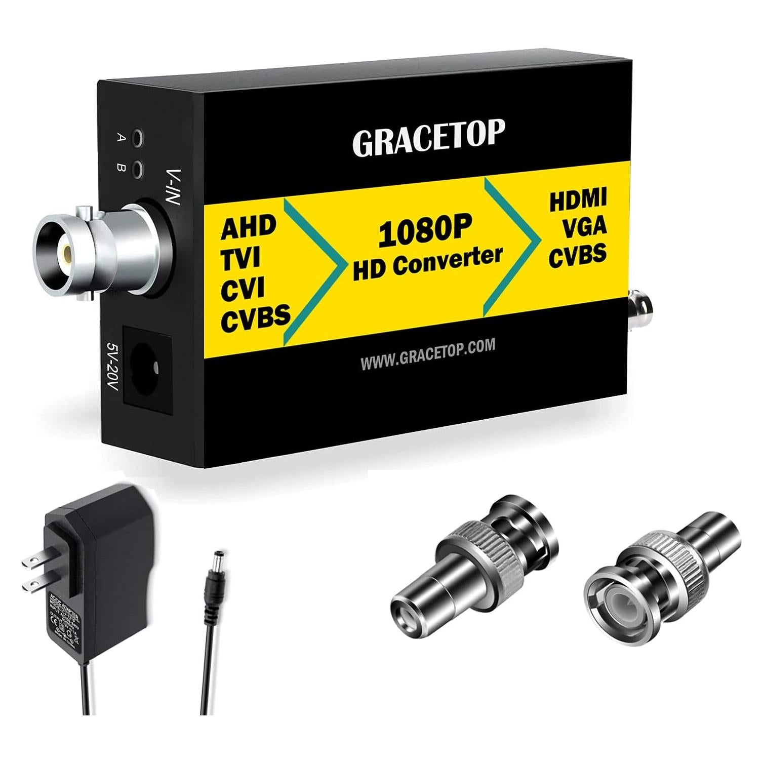 Convertidor BNC a HDMI 4-en-1 GRACETOP 1080P AHD TVI CVI