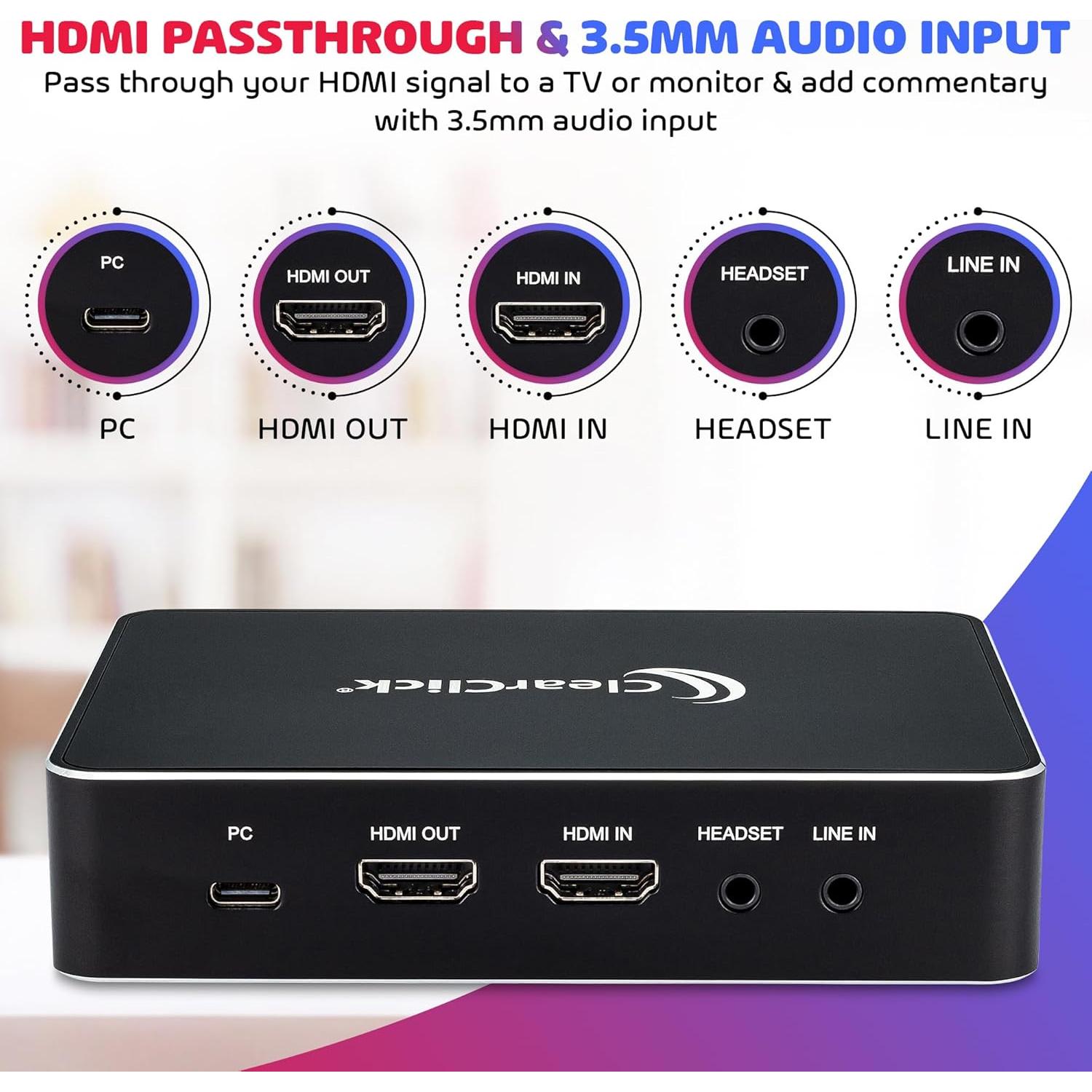 ClearClick 4K HD Video Capture Box Extreme - Capture & Live Stream HD Video - True 4K60 Recording - HDMI Input & Pass Through - USB Plug & Play