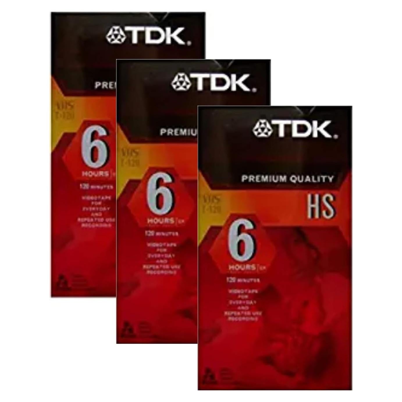 Paquete de 3 cintas VHS TDK HS 6 horas T-120 calidad premium