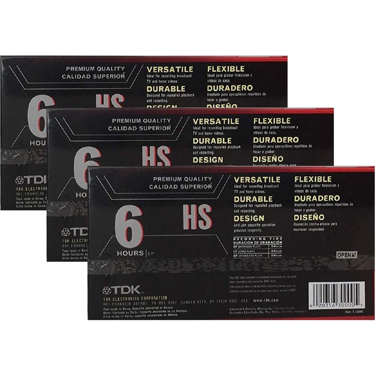Paquete de 3 cintas VHS TDK HS 6 horas T-120 calidad premium