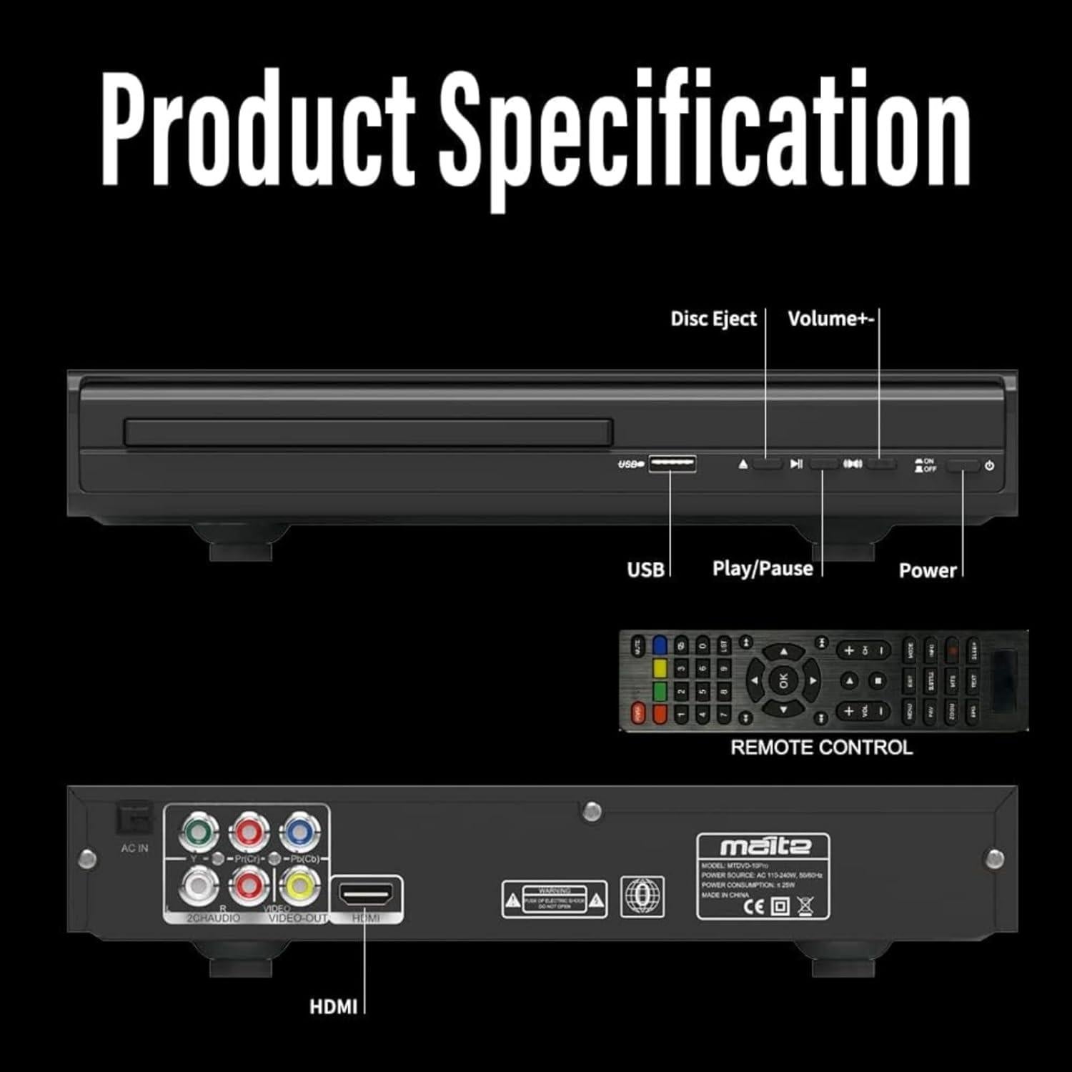 DVD Player, HDMI AV Output, All Region Free CD DVD Players for TV, DVD Players with NTSC/PAL System, Supports Mic's & USB Input, Package Includes HDMI/RCA Cables and Remote Control