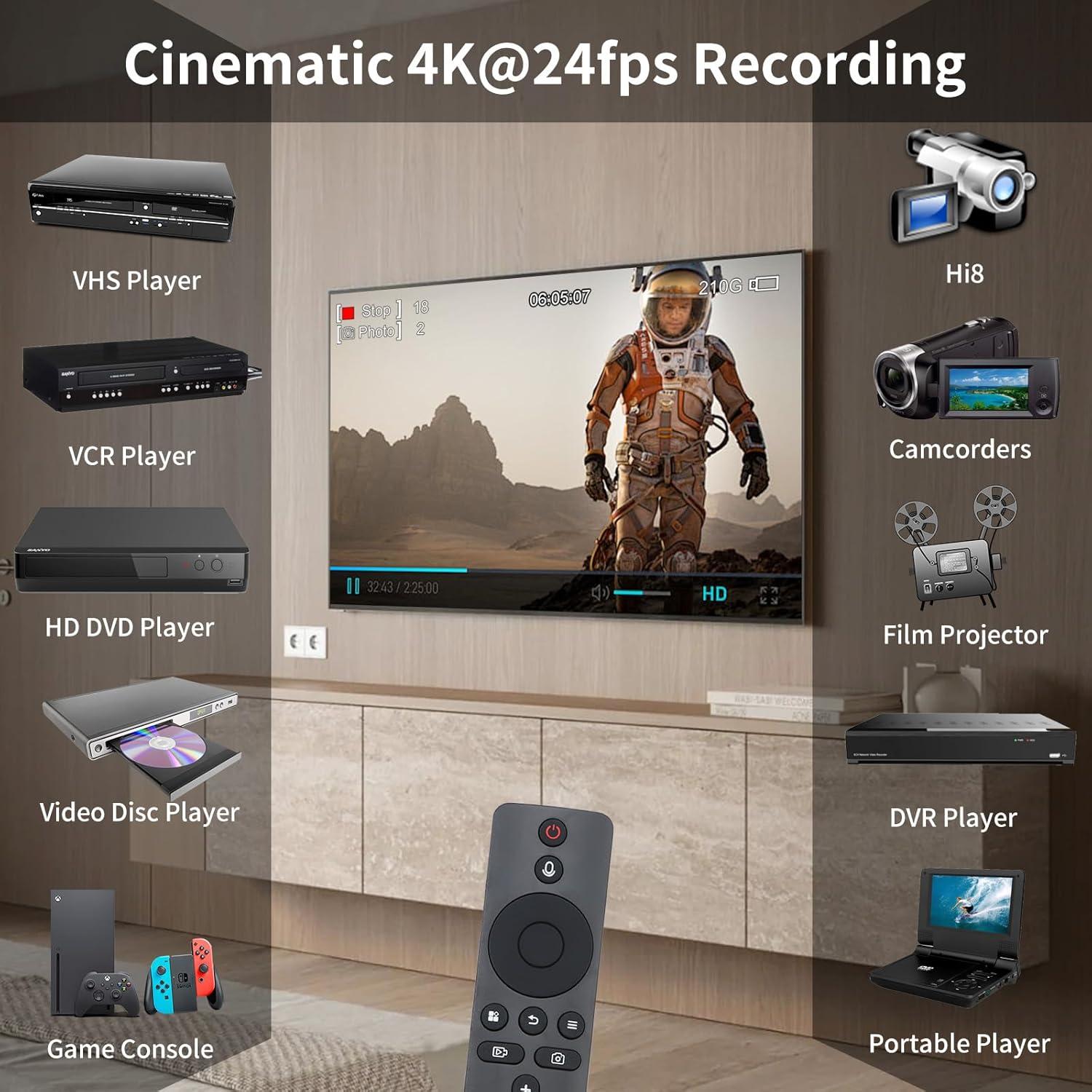 4K HDMI Video Recorder with Analog to Digital Converter, RCA/CVBS for VHS, VCR, DVR, DVD, Hi8, Mini DV, Camcorder, Cassette, Gaming Consoles, Easy to use, No PC Needed, AV to HDMI Adapter