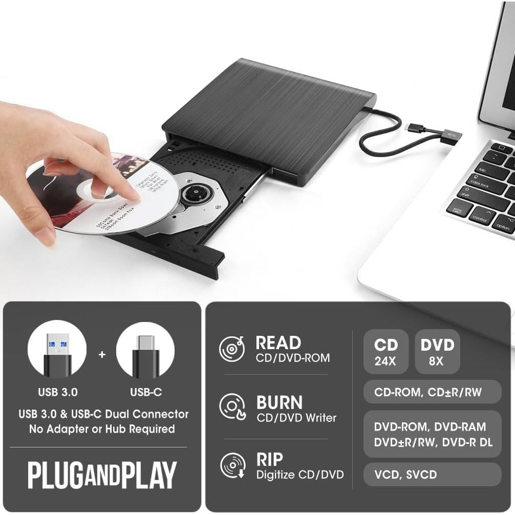 ROOFULL External CD/DVD-RW Drive for Laptop, True USB 3.0 & USB-C Portable DVD/CD-ROM Player CD DVD Reader Writer Burner Optical Disc Drive for Windows 11/10 PC Mac MacBook Linux Computer, ECD829-Y