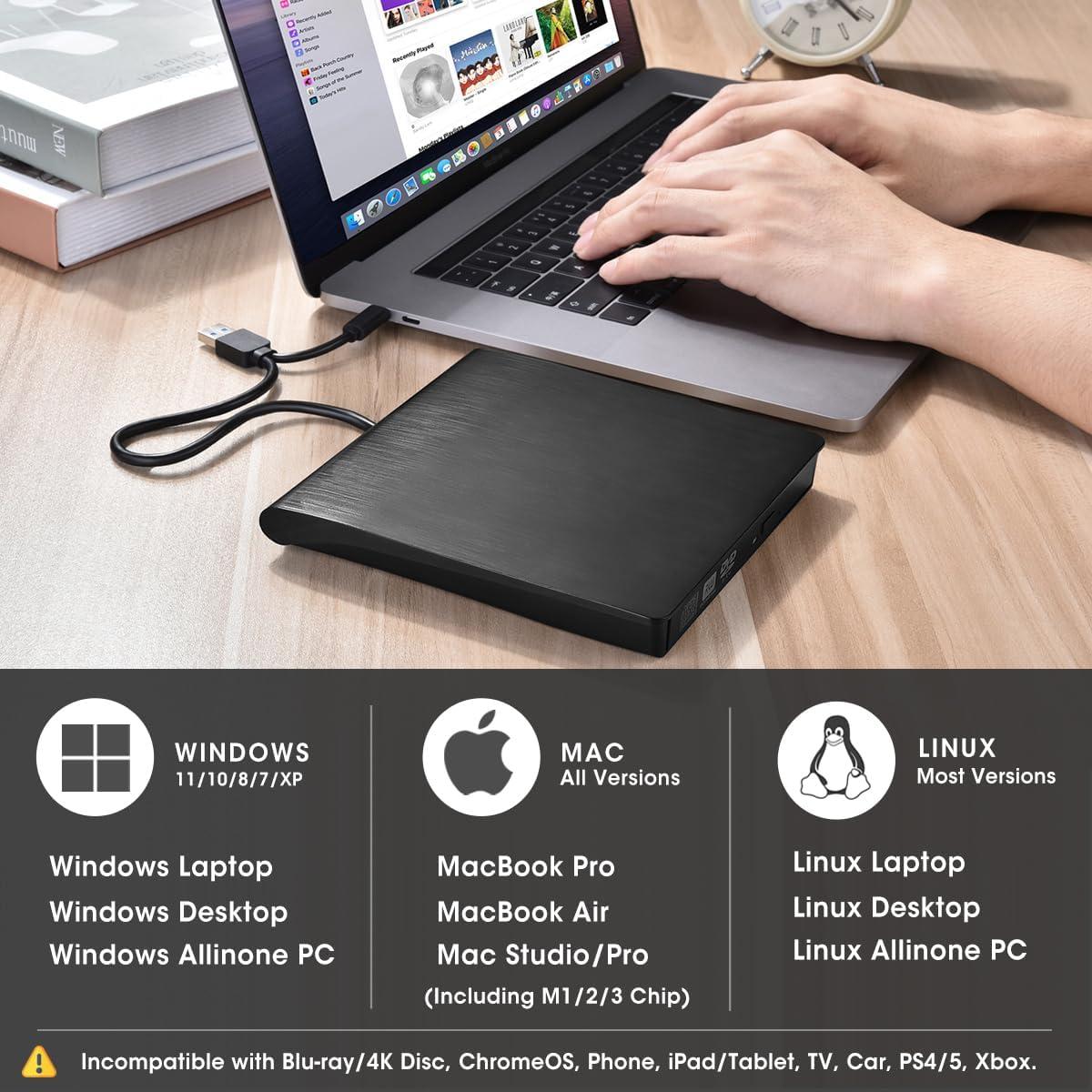 ROOFULL External CD/DVD-RW Drive for Laptop, True USB 3.0 & USB-C Portable DVD/CD-ROM Player CD DVD Reader Writer Burner Optical Disc Drive for Windows 11/10 PC Mac MacBook Linux Computer, ECD829-Y