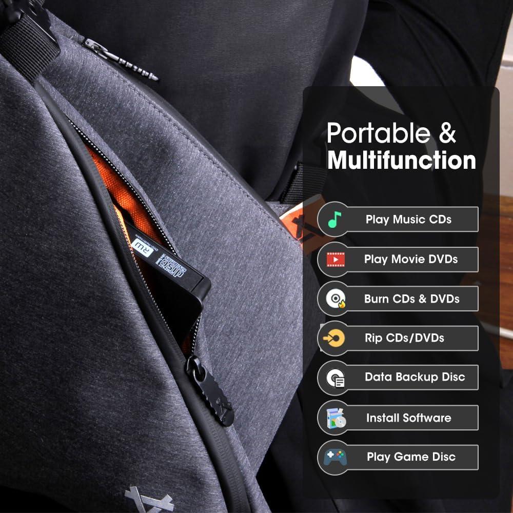 ROOFULL External CD/DVD-RW Drive for Laptop, True USB 3.0 & USB-C Portable DVD/CD-ROM Player CD DVD Reader Writer Burner Optical Disc Drive for Windows 11/10 PC Mac MacBook Linux Computer, ECD829-Y