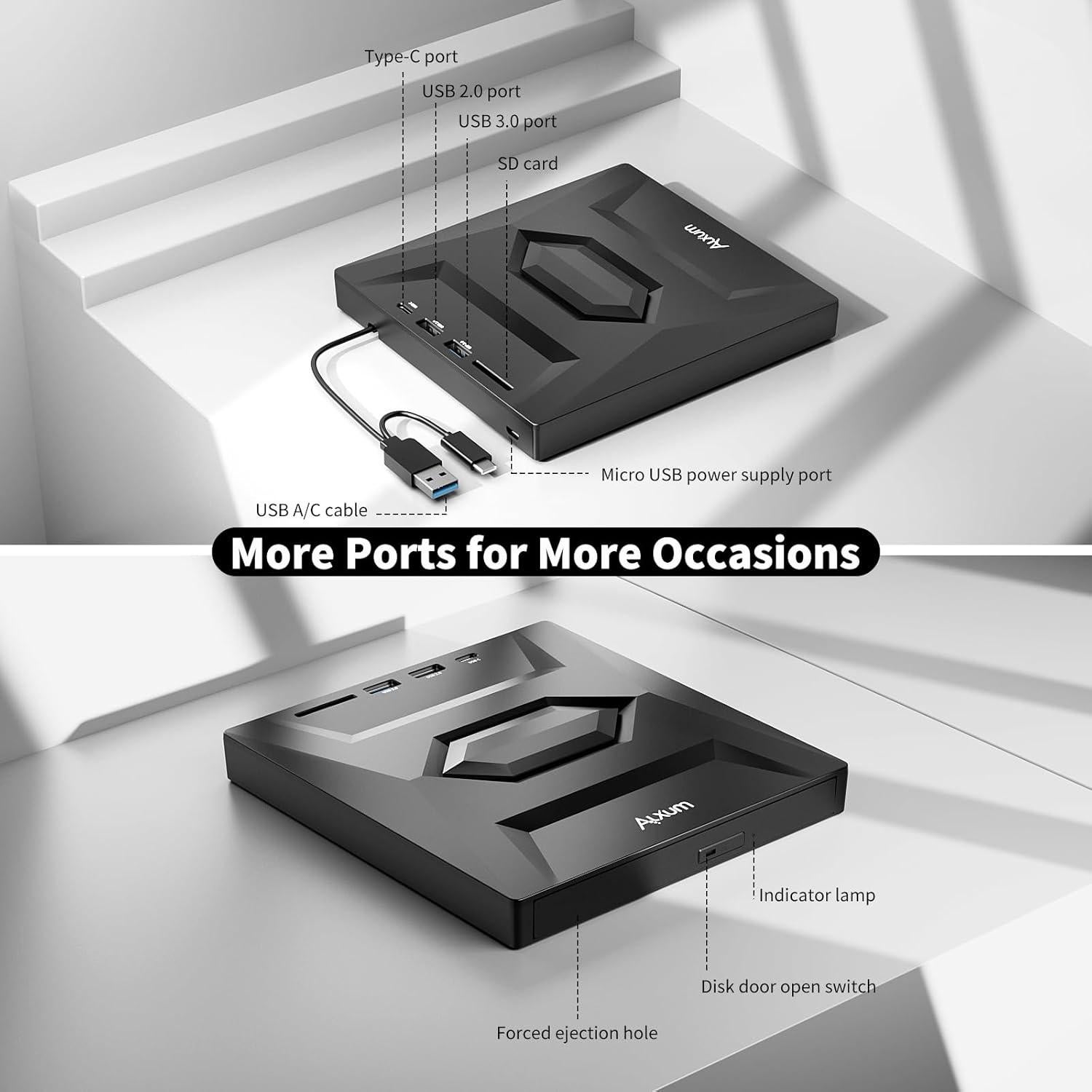 Unidad Externa de CD/DVD Alxum USB 3.0 Portátil 8X Negra