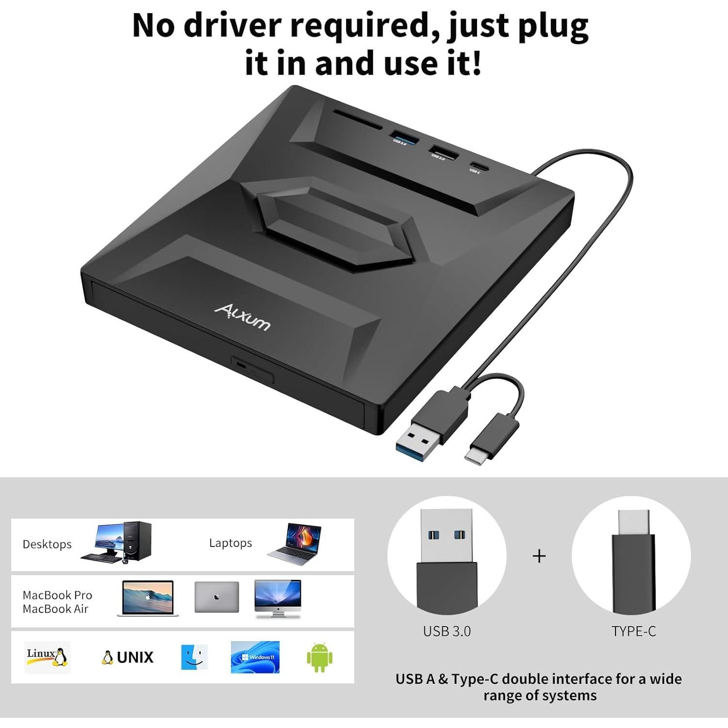 Unidad Externa de CD/DVD Alxum USB 3.0 Portátil 8X Negra