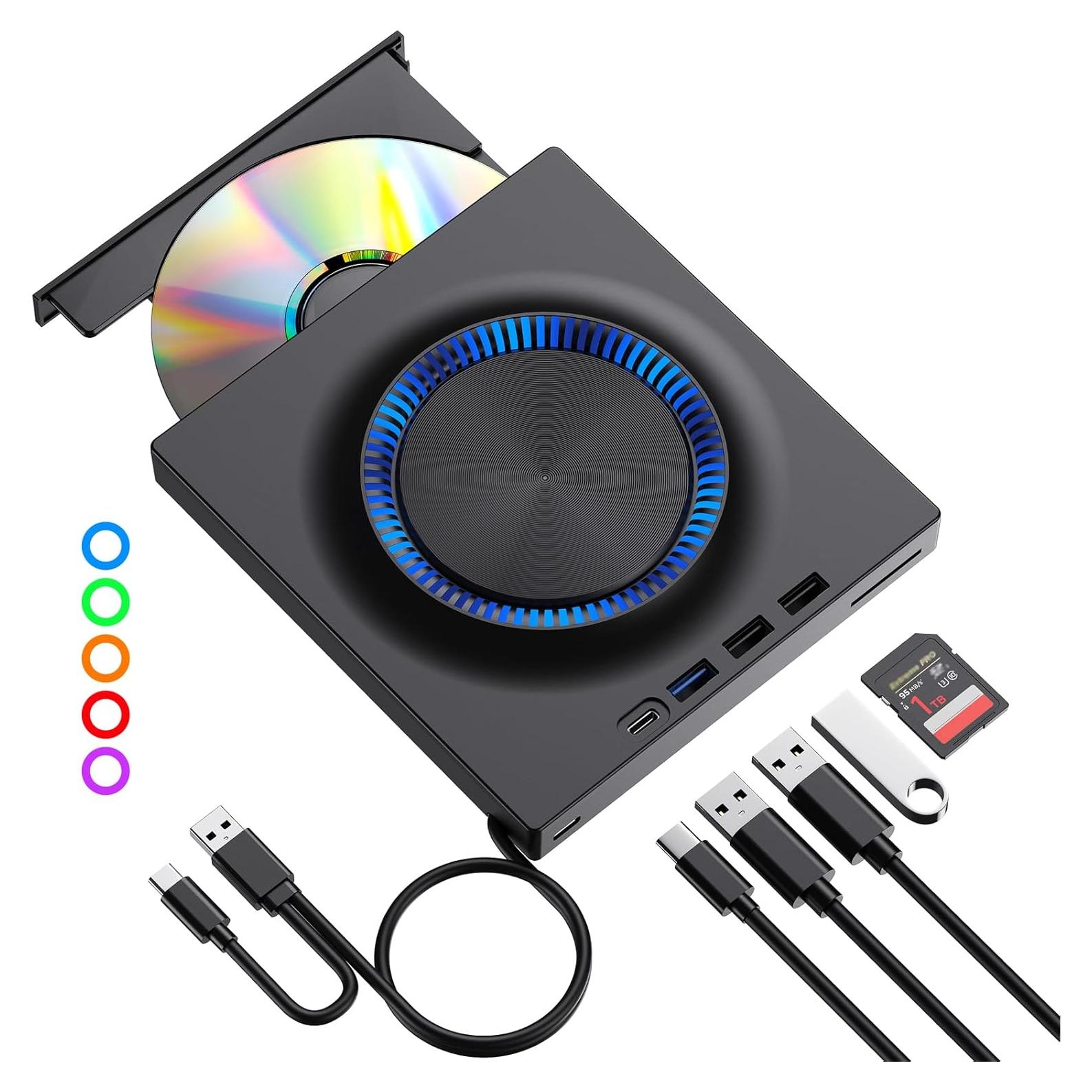 ROOFULL External DVD Drive, CD Drive Burner DVD Player with USB 3.0 & USB-C Hub and SD Card Reader, Portable DVD CD ROM +/-RW Disk Drive Writer for Laptop Mac Windows 11/10/8/7 Linux Computer PC