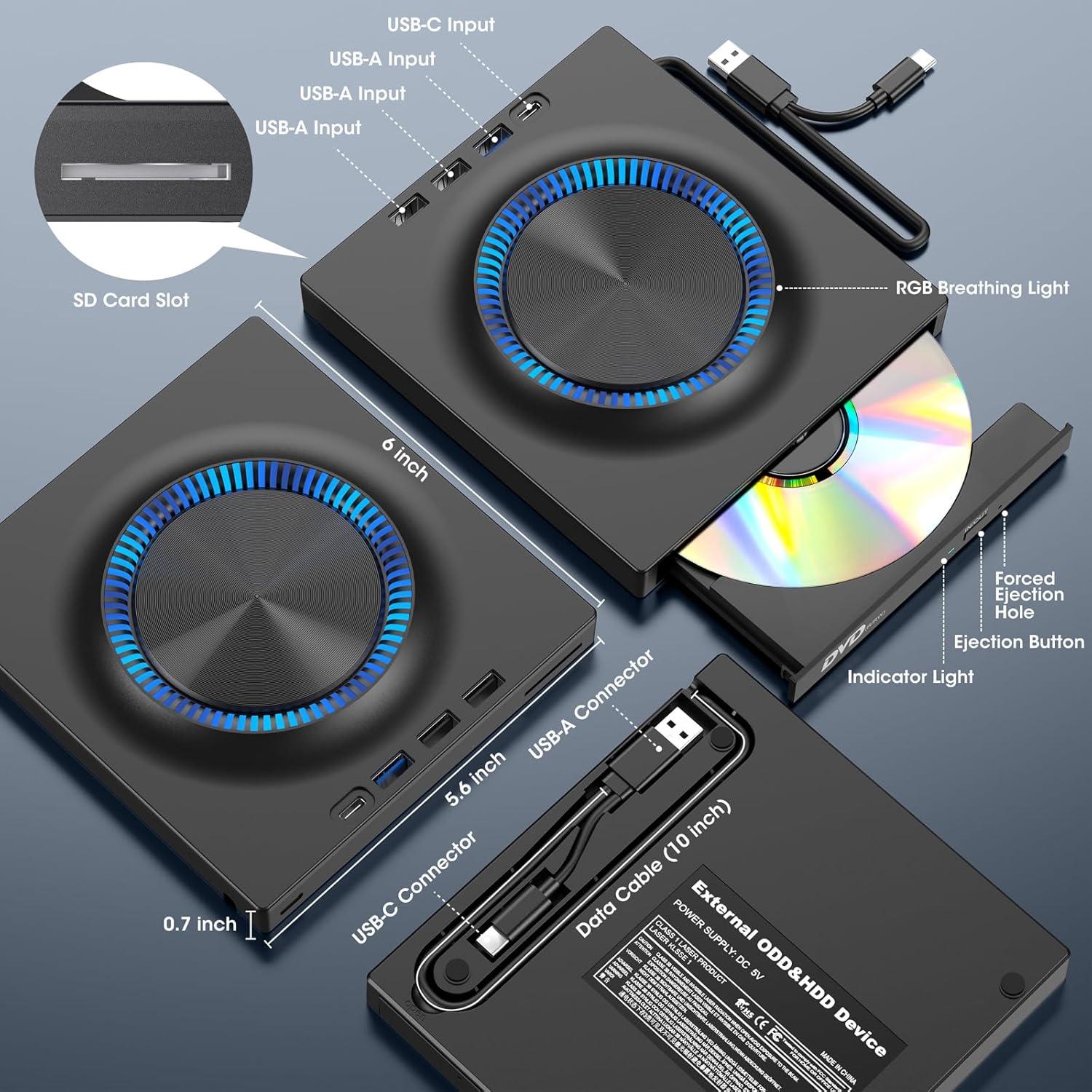 ROOFULL External DVD Drive, CD Drive Burner DVD Player with USB 3.0 & USB-C Hub and SD Card Reader, Portable DVD CD ROM +/-RW Disk Drive Writer for Laptop Mac Windows 11/10/8/7 Linux Computer PC