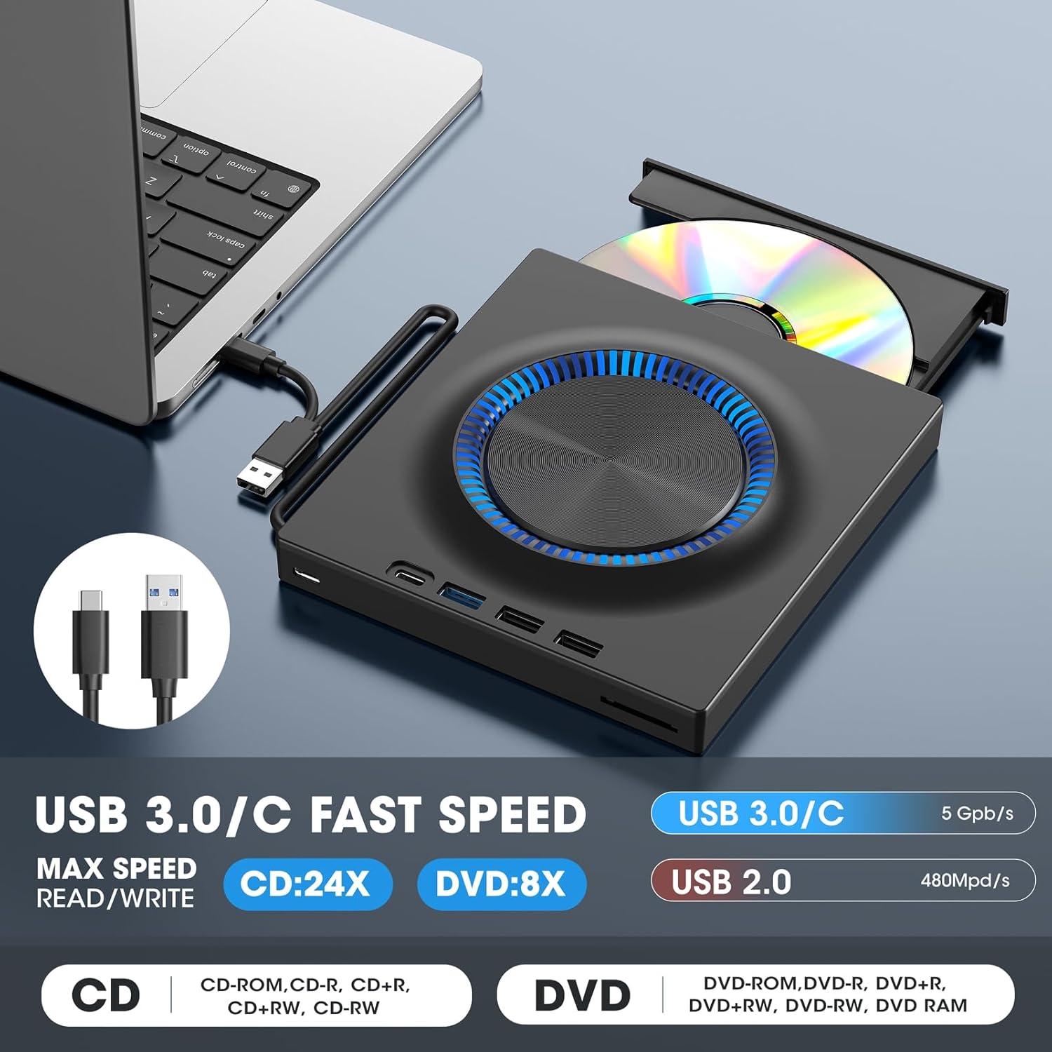ROOFULL External DVD Drive, CD Drive Burner DVD Player with USB 3.0 & USB-C Hub and SD Card Reader, Portable DVD CD ROM +/-RW Disk Drive Writer for Laptop Mac Windows 11/10/8/7 Linux Computer PC