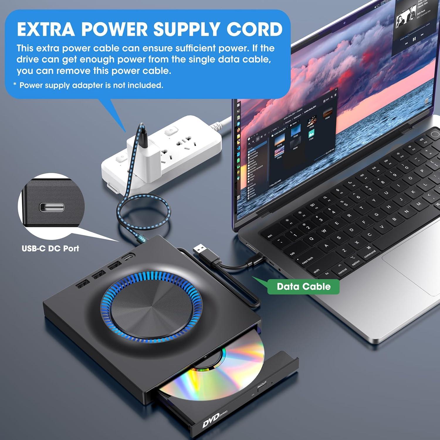 ROOFULL External DVD Drive, CD Drive Burner DVD Player with USB 3.0 & USB-C Hub and SD Card Reader, Portable DVD CD ROM +/-RW Disk Drive Writer for Laptop Mac Windows 11/10/8/7 Linux Computer PC