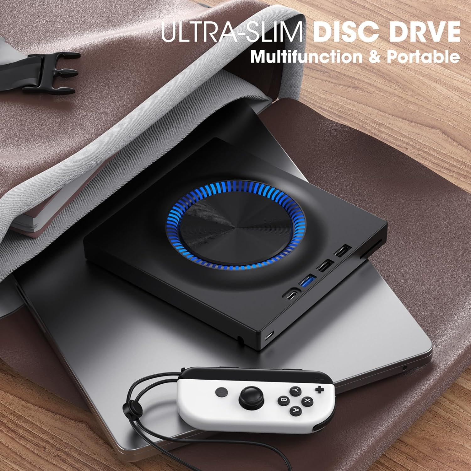 ROOFULL External DVD Drive, CD Drive Burner DVD Player with USB 3.0 & USB-C Hub and SD Card Reader, Portable DVD CD ROM +/-RW Disk Drive Writer for Laptop Mac Windows 11/10/8/7 Linux Computer PC