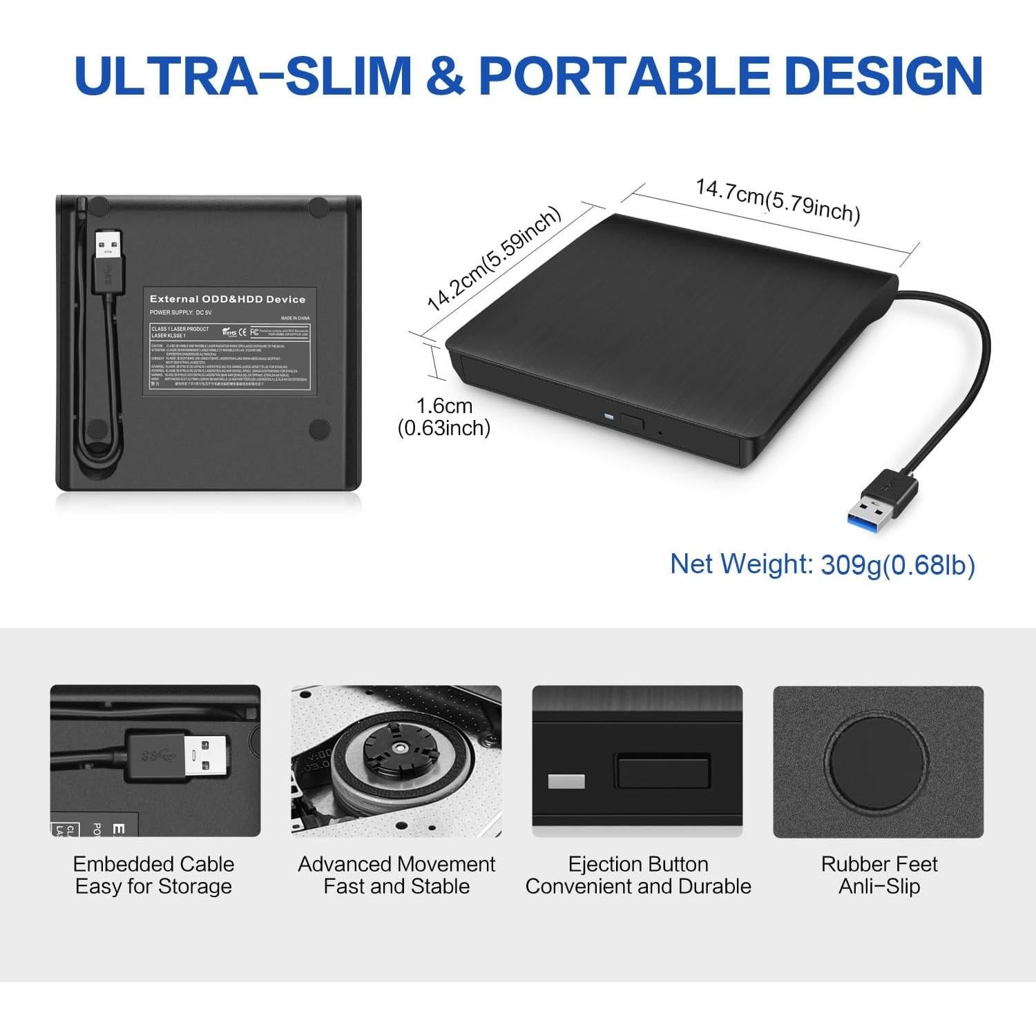 Unidad Externa de CD/DVD Hcsunfly Ultra Delgado USB 3.0