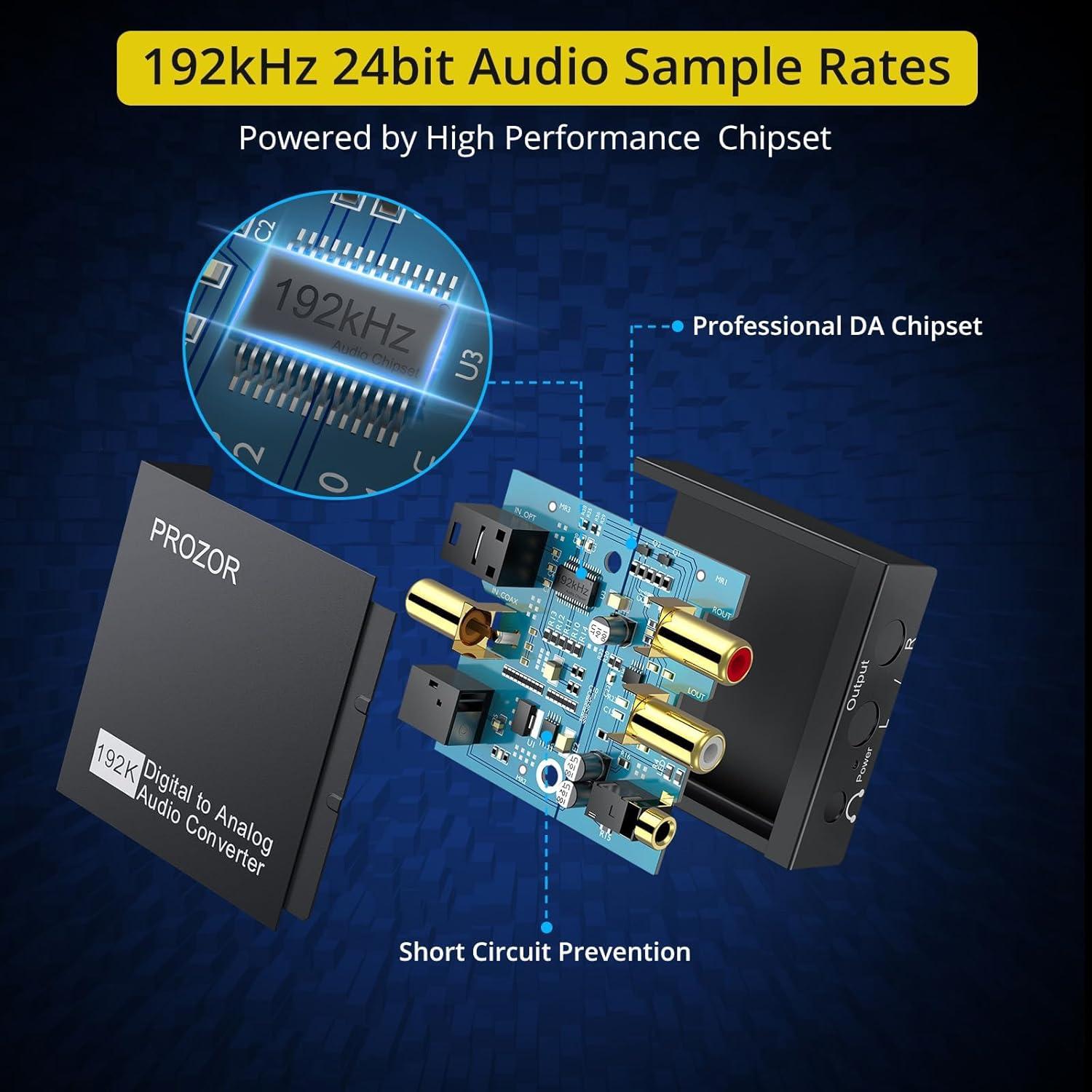 Convertidor de Audio Digital a Analógico PROZOR DAC 192kHz RCA 3.5mm
