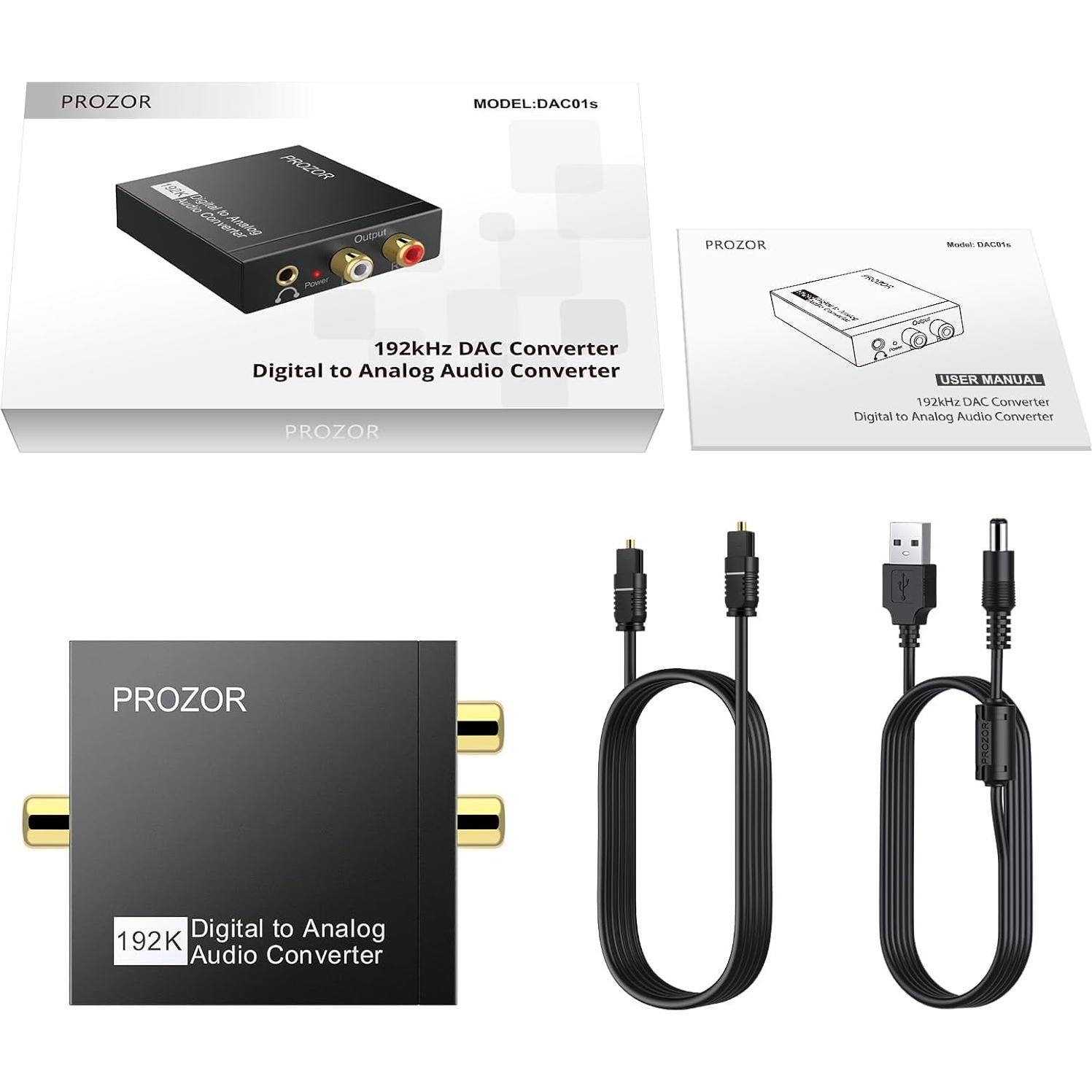 Convertidor de Audio Digital a Analógico PROZOR DAC 192kHz RCA 3.5mm