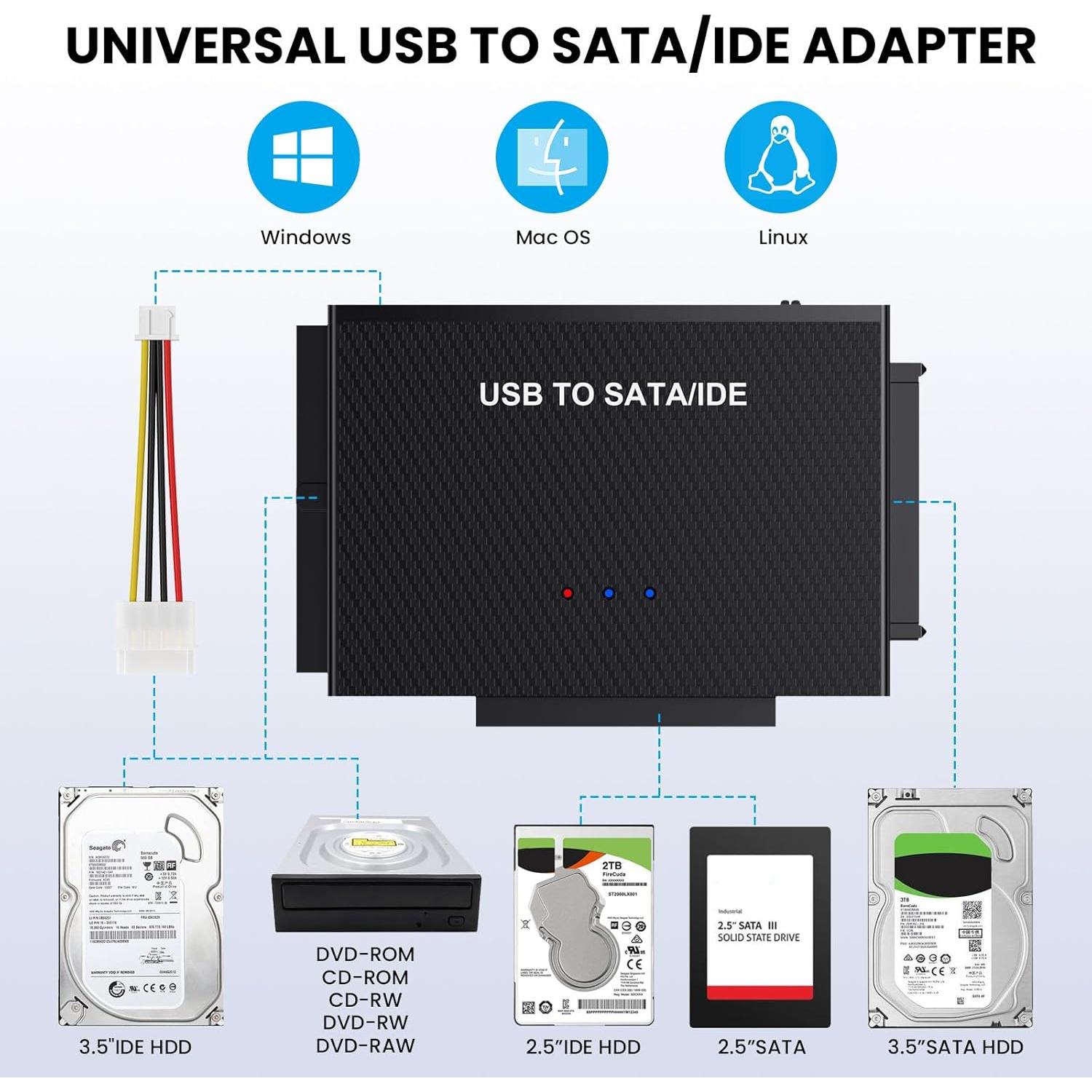 Adaptador USB 3.0 a SATA/IDE Yinuocheng, 2.5" y 3.5"