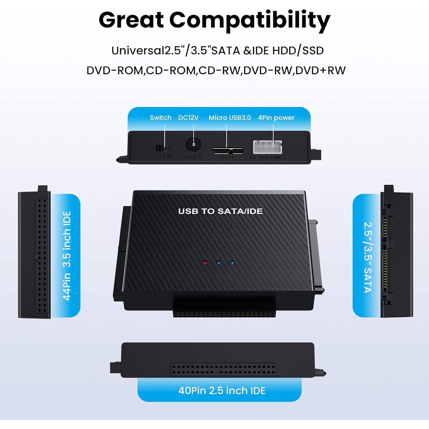 Adaptador USB 3.0 a SATA/IDE Yinuocheng, 2.5" y 3.5"